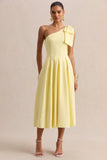 Meria Lemon Asymmetric Neck Midi Dress With Bow Sleeve
