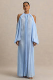 Reyna Powder Blue Pleated Chiffon Cold Shoulder Maxi Dress
