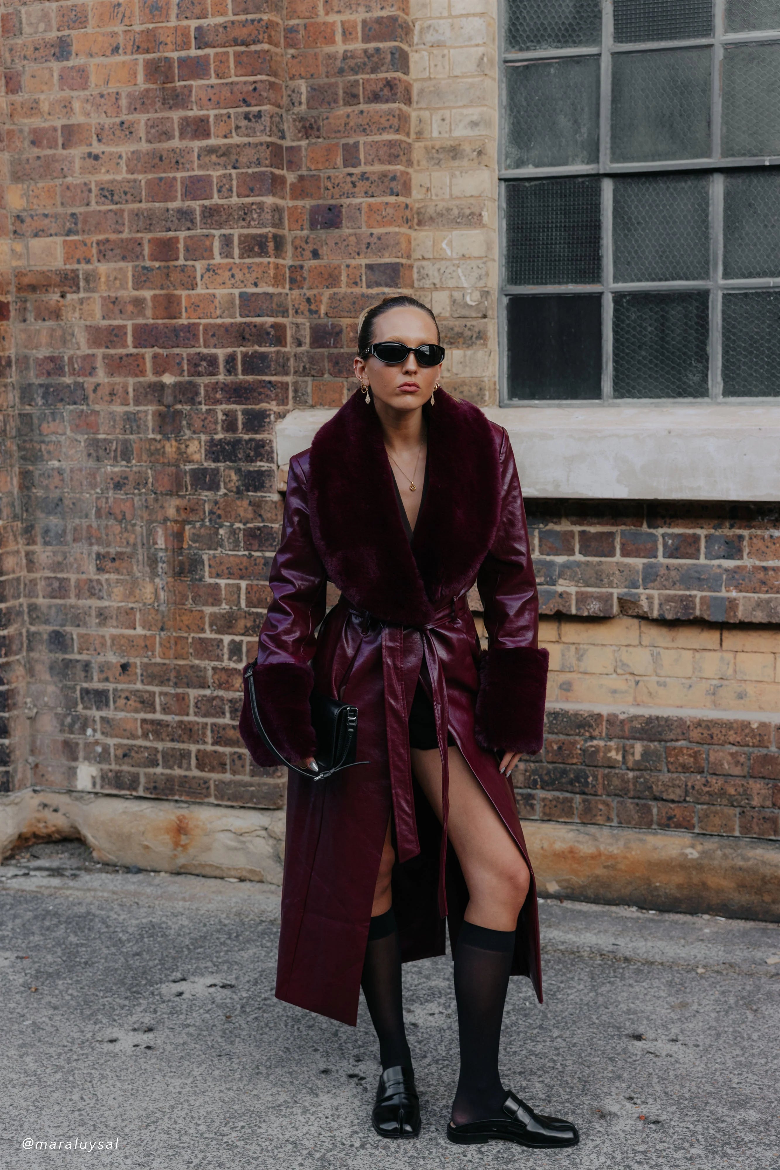 Bec Faux Leather Trench Coat With Faux Fur Cherry Red