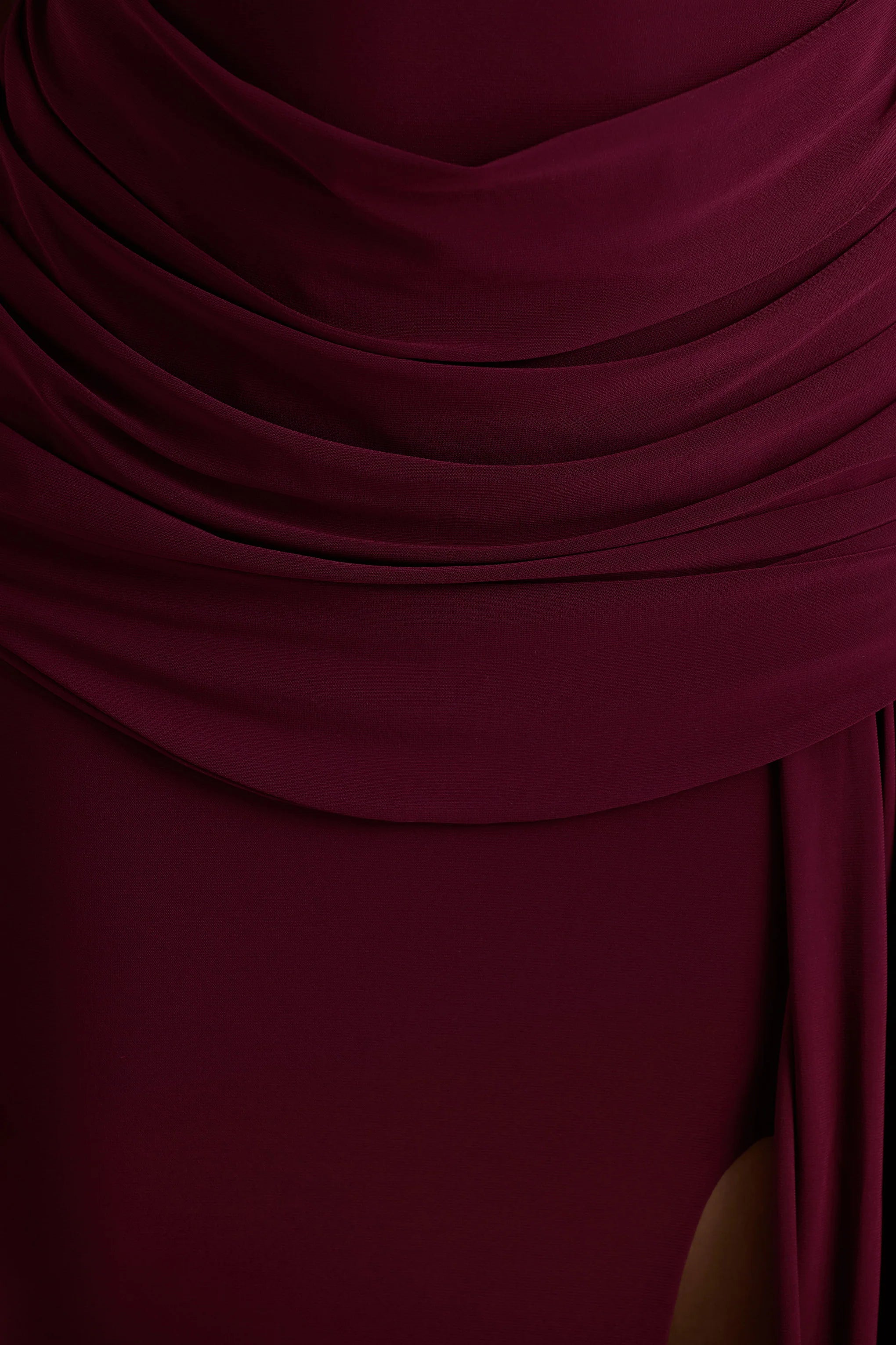 Dynasty Burgundy Asymmetric Neck Maxi Dress With Ruched Detailing And Front High Split