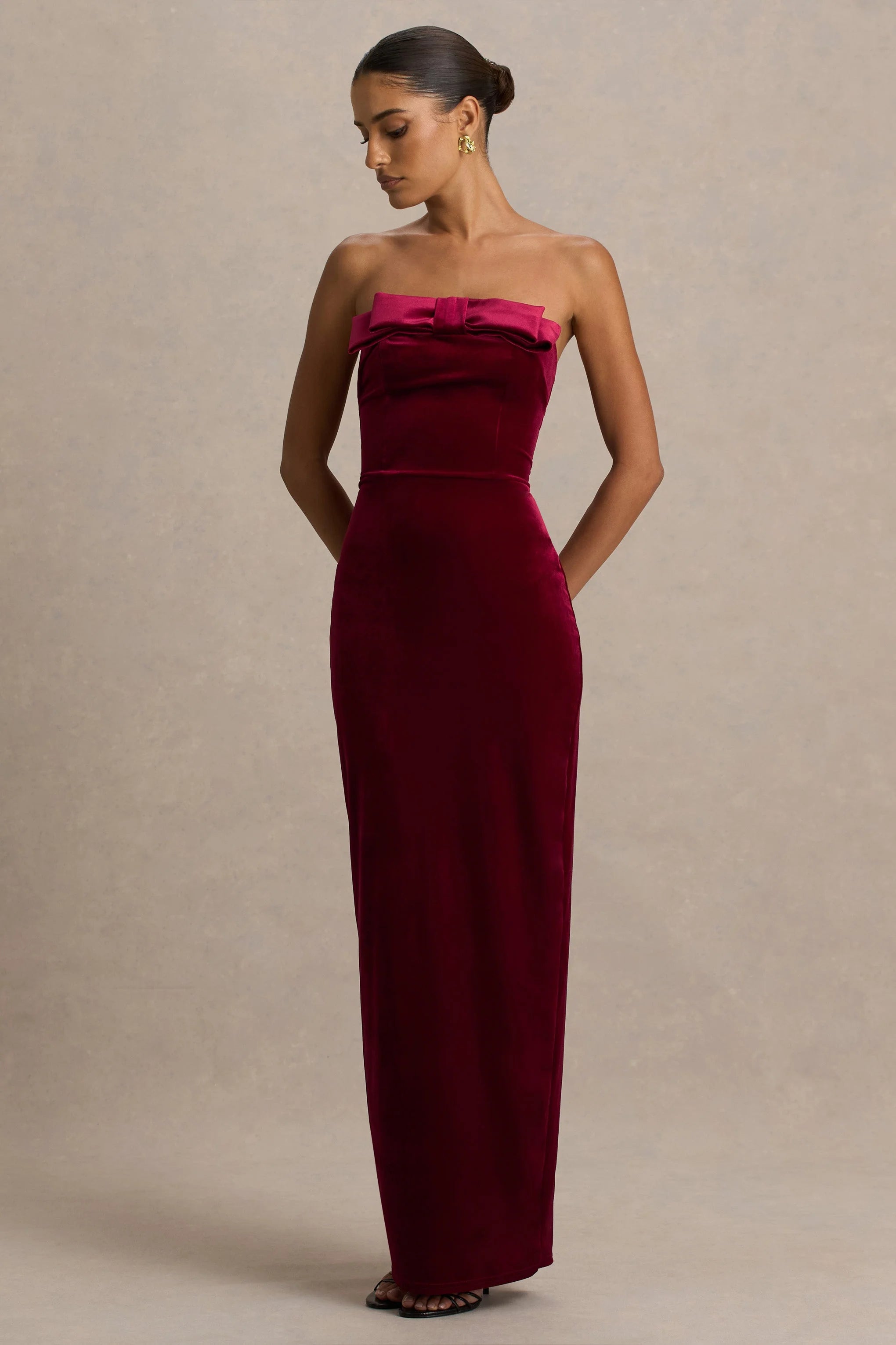 Illusion Burgundy Velvet Bandeau Maxi Dress With Bow Detail