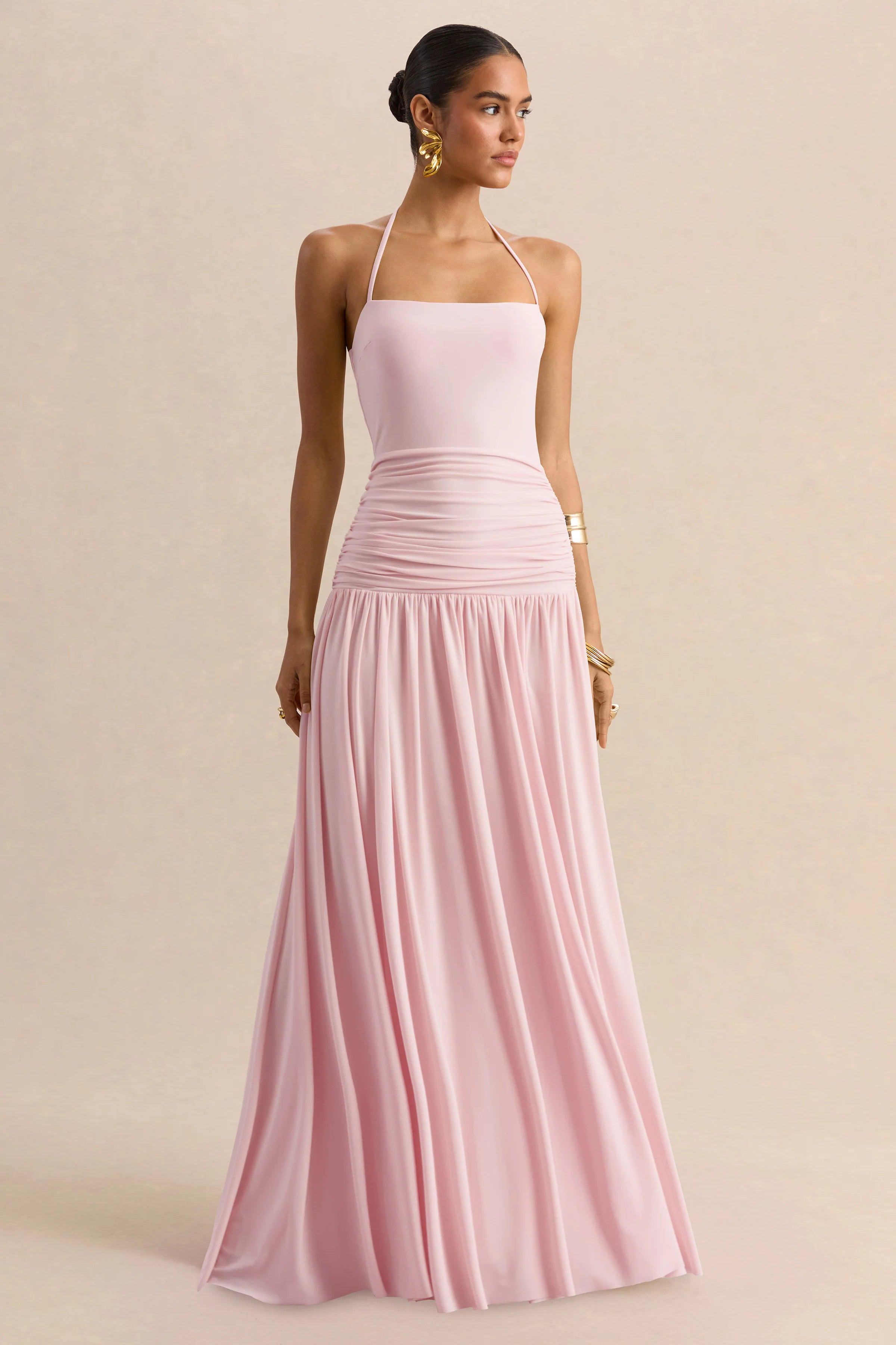 Nicolette Pink Square Neck Maxi Dress With Ruched Detailing