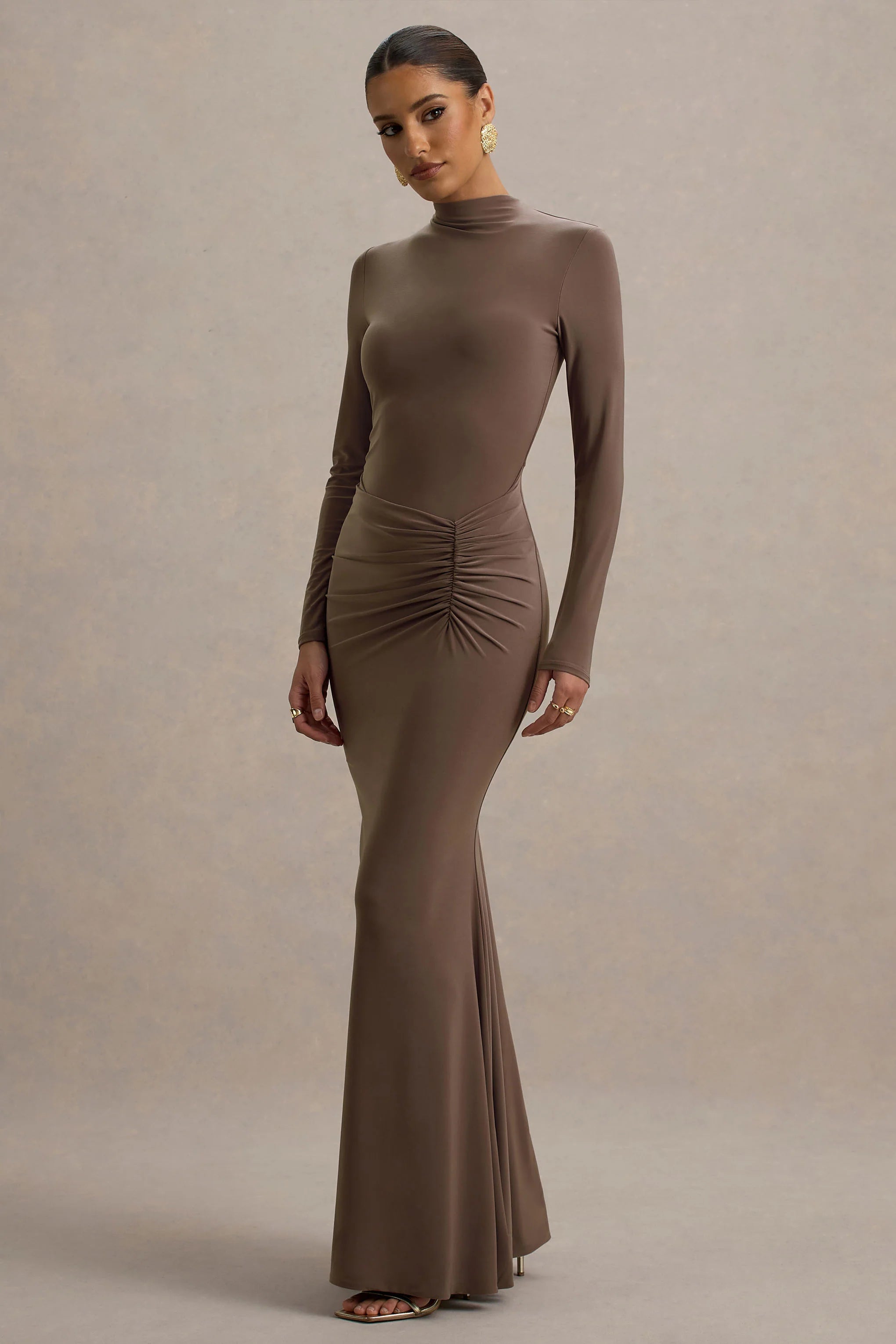 Reid Brown Long Sleeve Gathered Maxi Dress