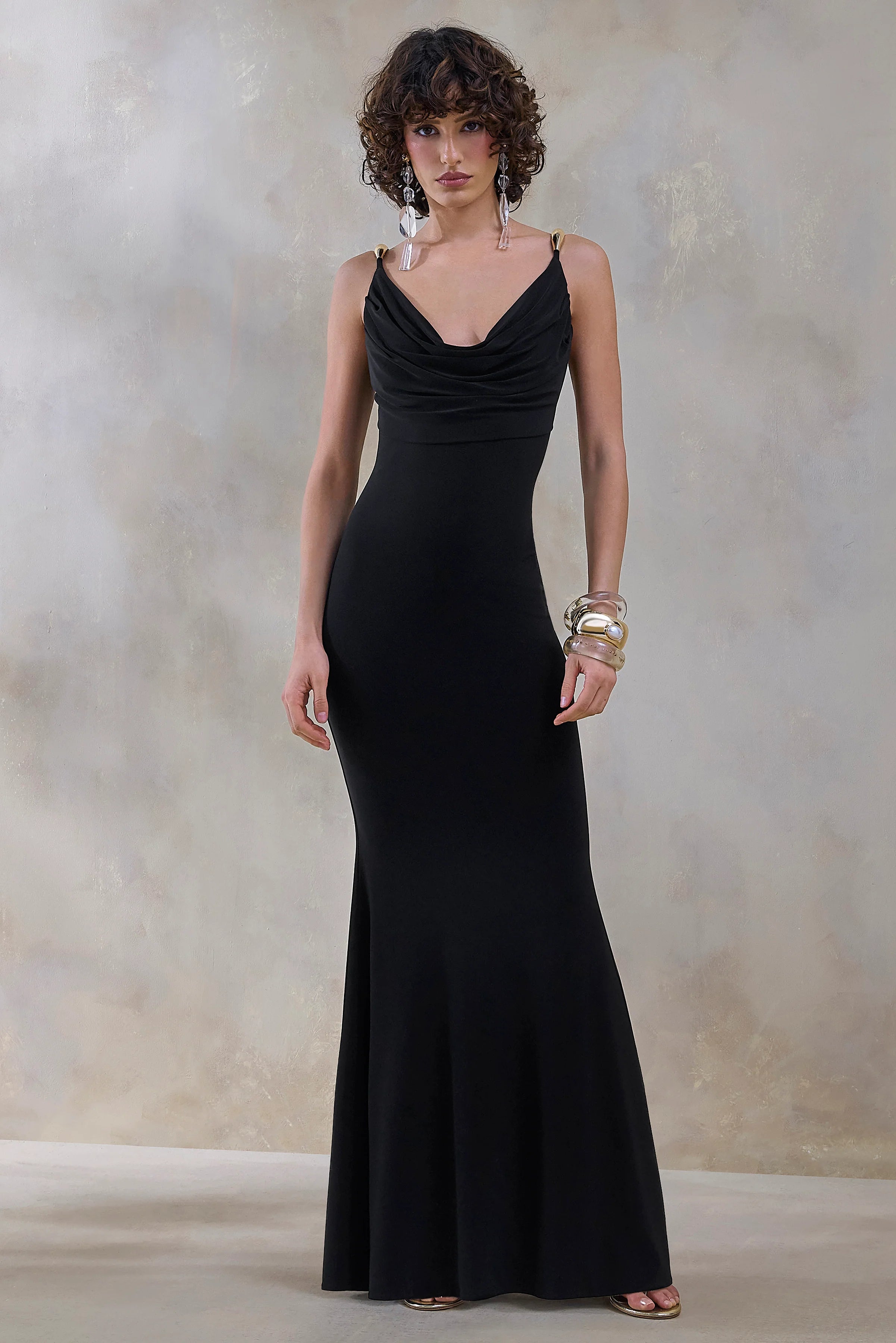 Iridessa Black Plunge Neck Maxi Dress