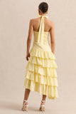 Velora Lemon Asymmetric Midi Dress With Tiered Ruffled Skirt