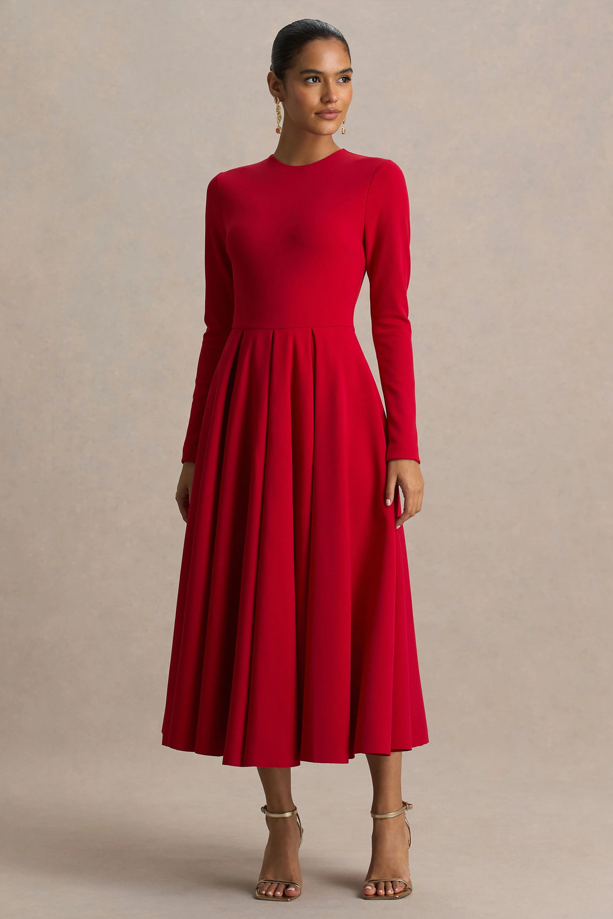 Bellamy Red Crew Neck Long Sleeve Midi Dress