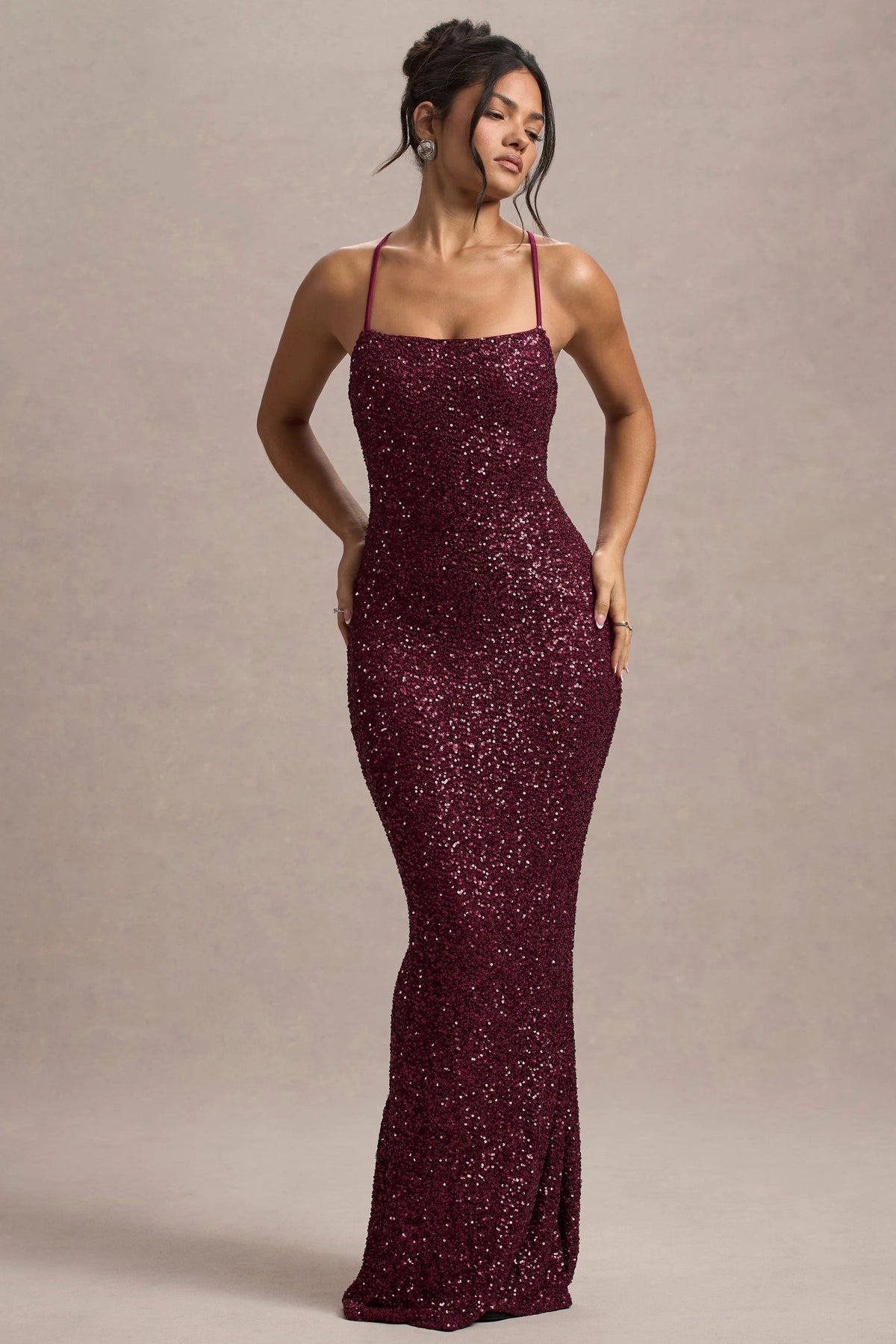 Cosmic Berry Sequin Square Neck Strappy Maxi Dress