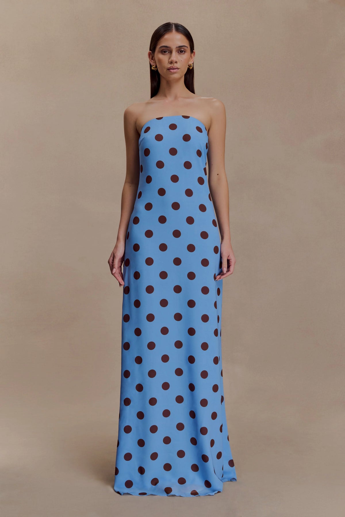 Amaya Strapless Chiffon Maxi Dress Blue Polka Dot