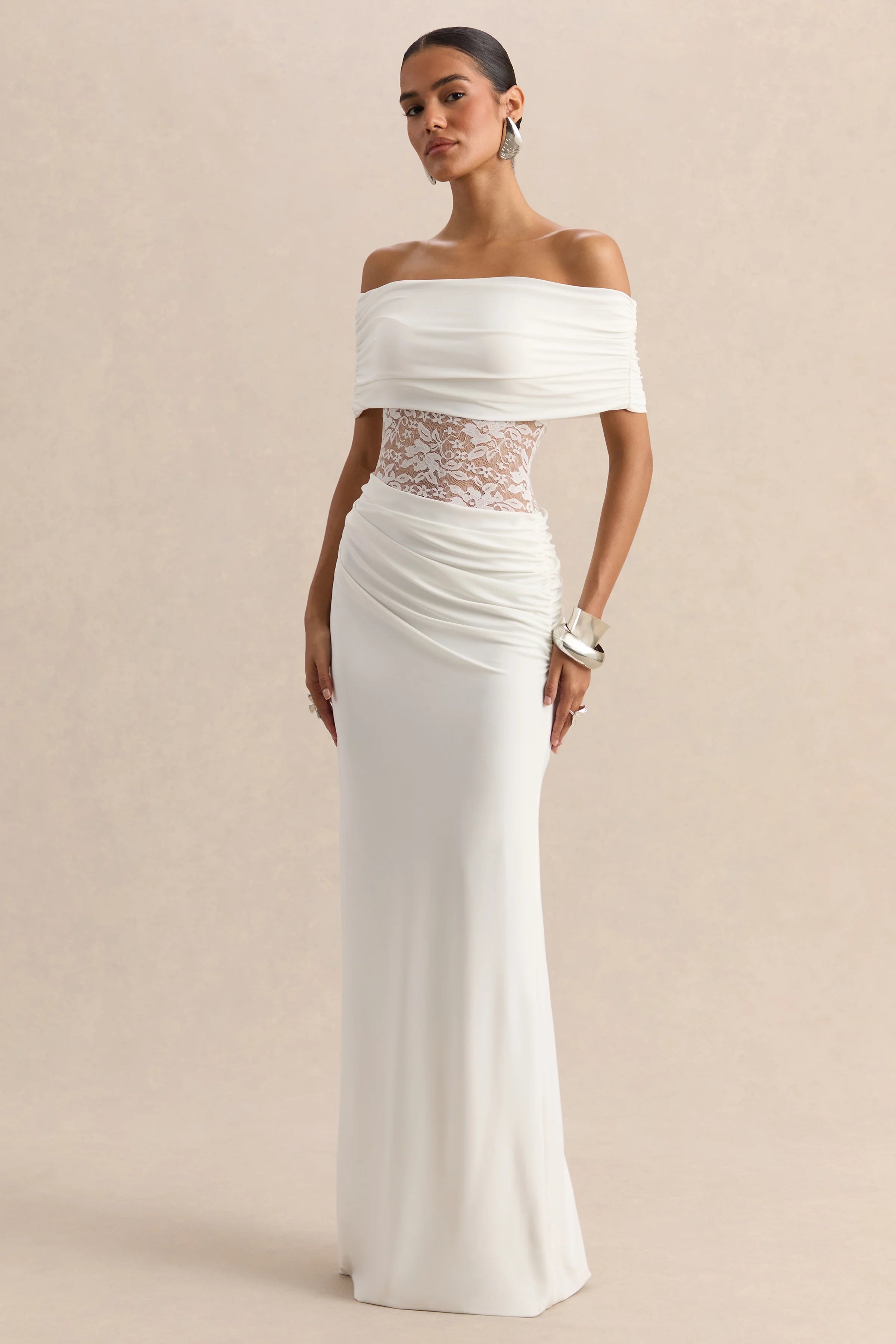 Forsya White Bardot Neck Maxi Dress With Lace Detailing