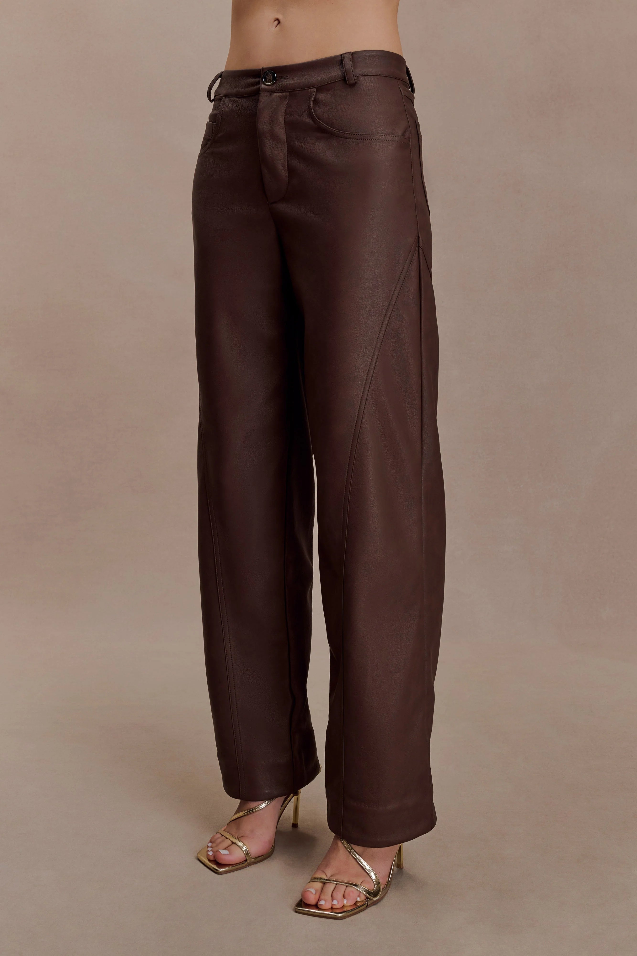 Theo Faux Leather Mid Rise Pants Dark Chocolate