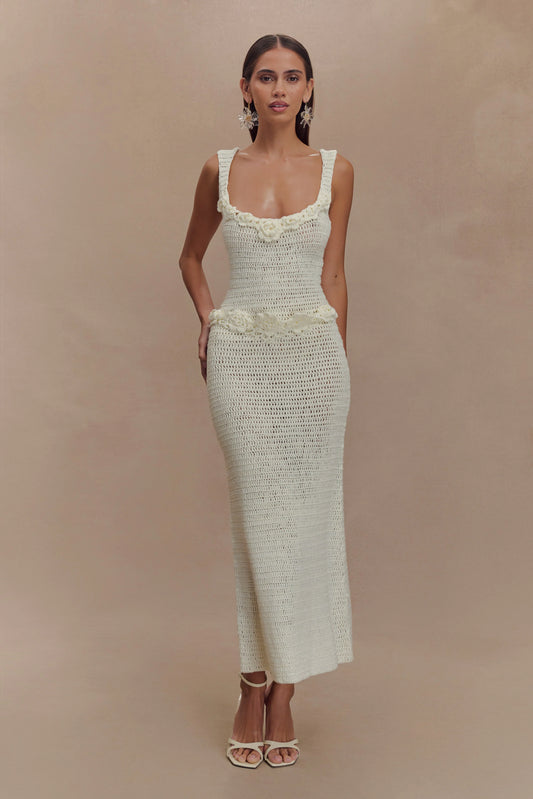 Teagan Floral Hand Crochet Midi Dress - Ivory