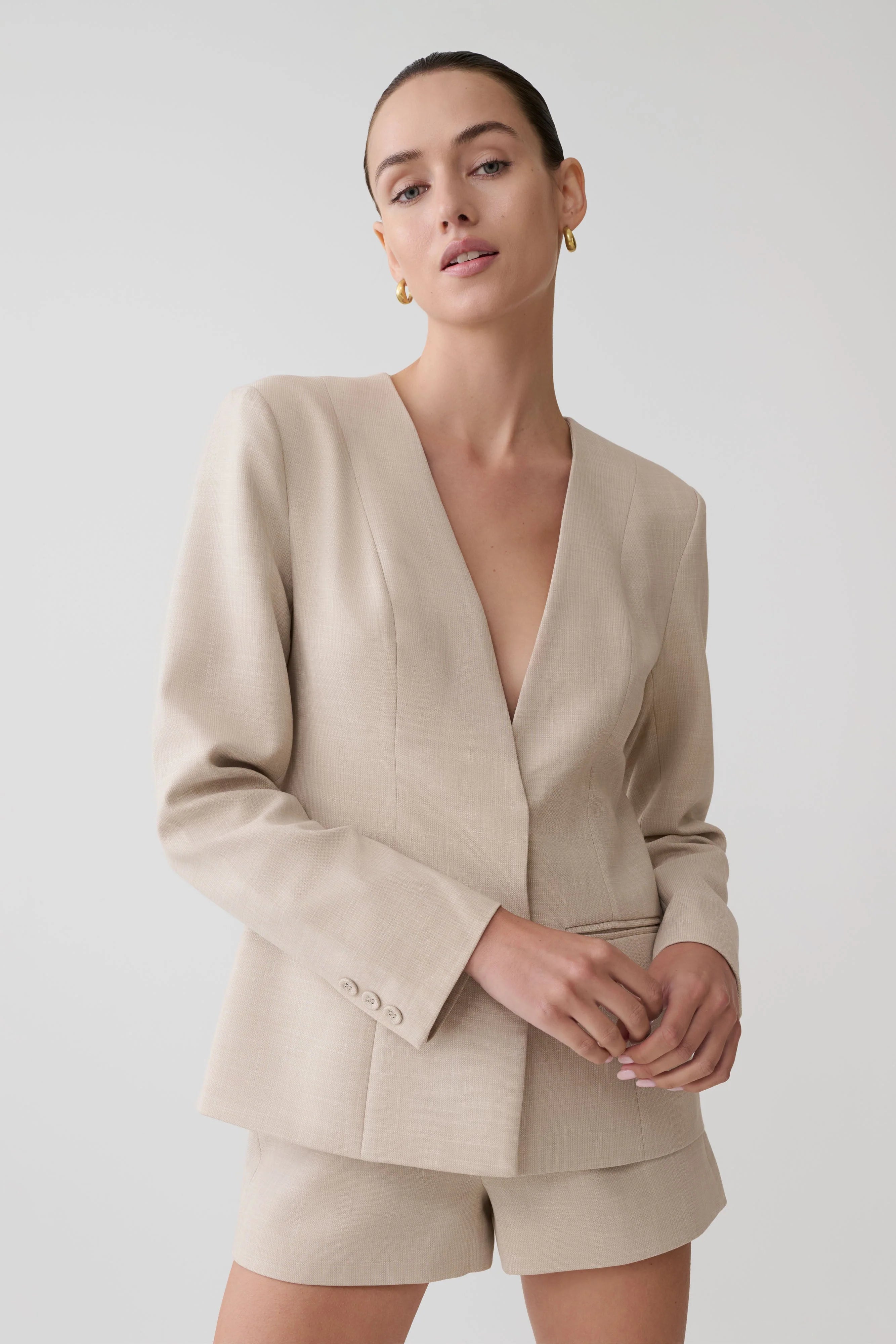 Solenne Collarless Suiting Blazer Natural Marle