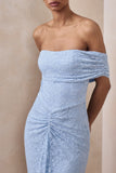 Elinor Powder Blue Lace Bardot Neck Maxi Dress With Gathered Detailing