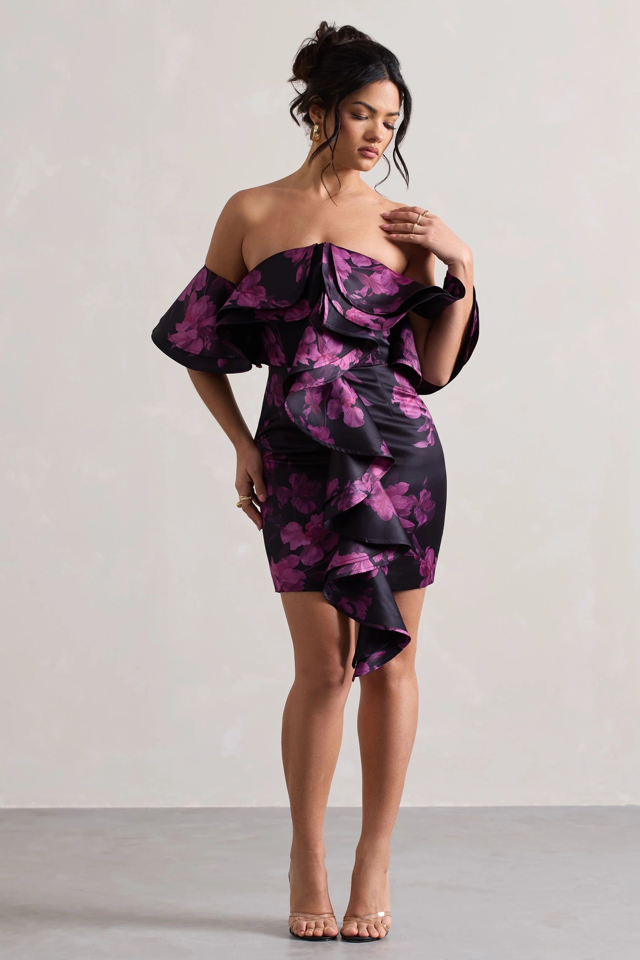 Aspen Black Floral Print Bardot Mini Dress With Ruffles