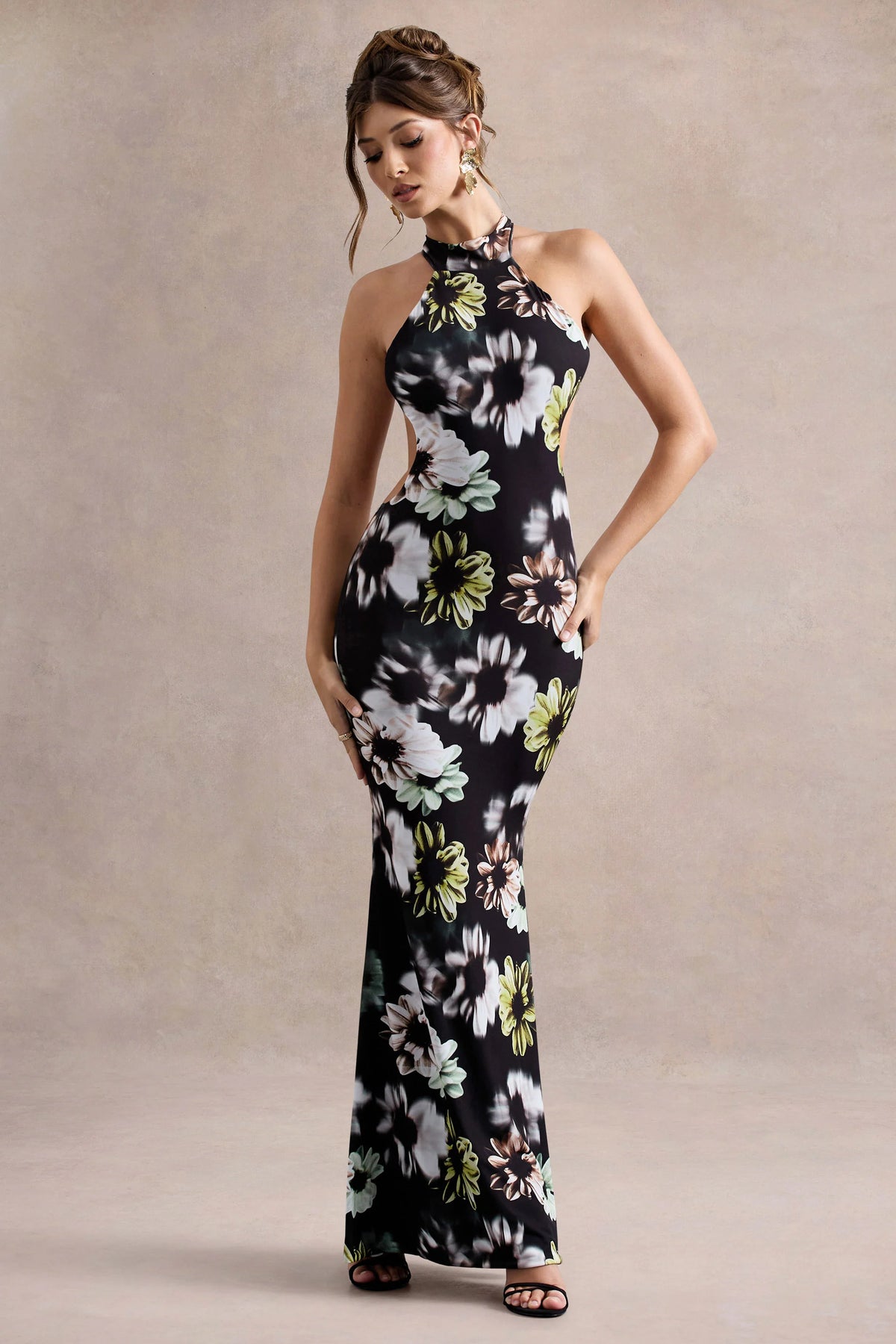 Tuscany Black Floral Print Halter Neck Split Maxi Dress