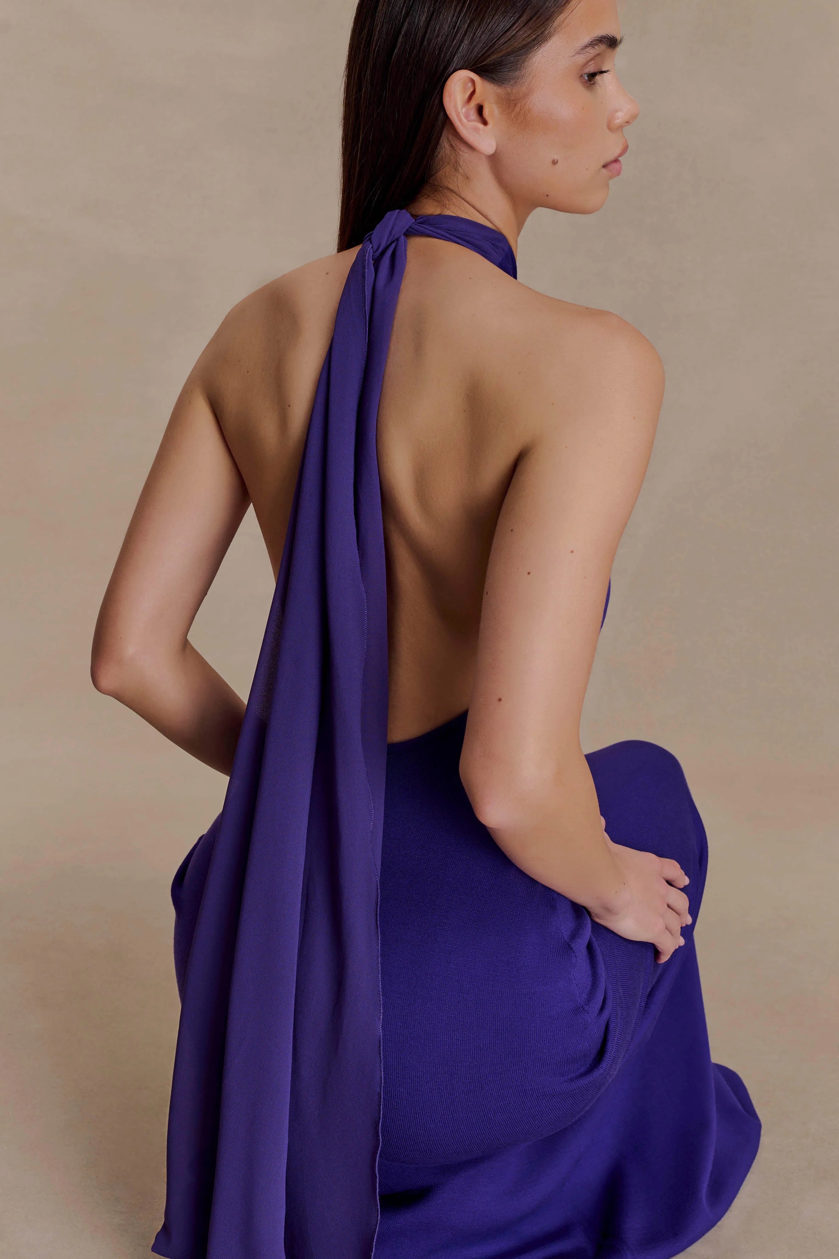 Ozias Halter Semi Sheer Knit Maxi Dress Deep Purple