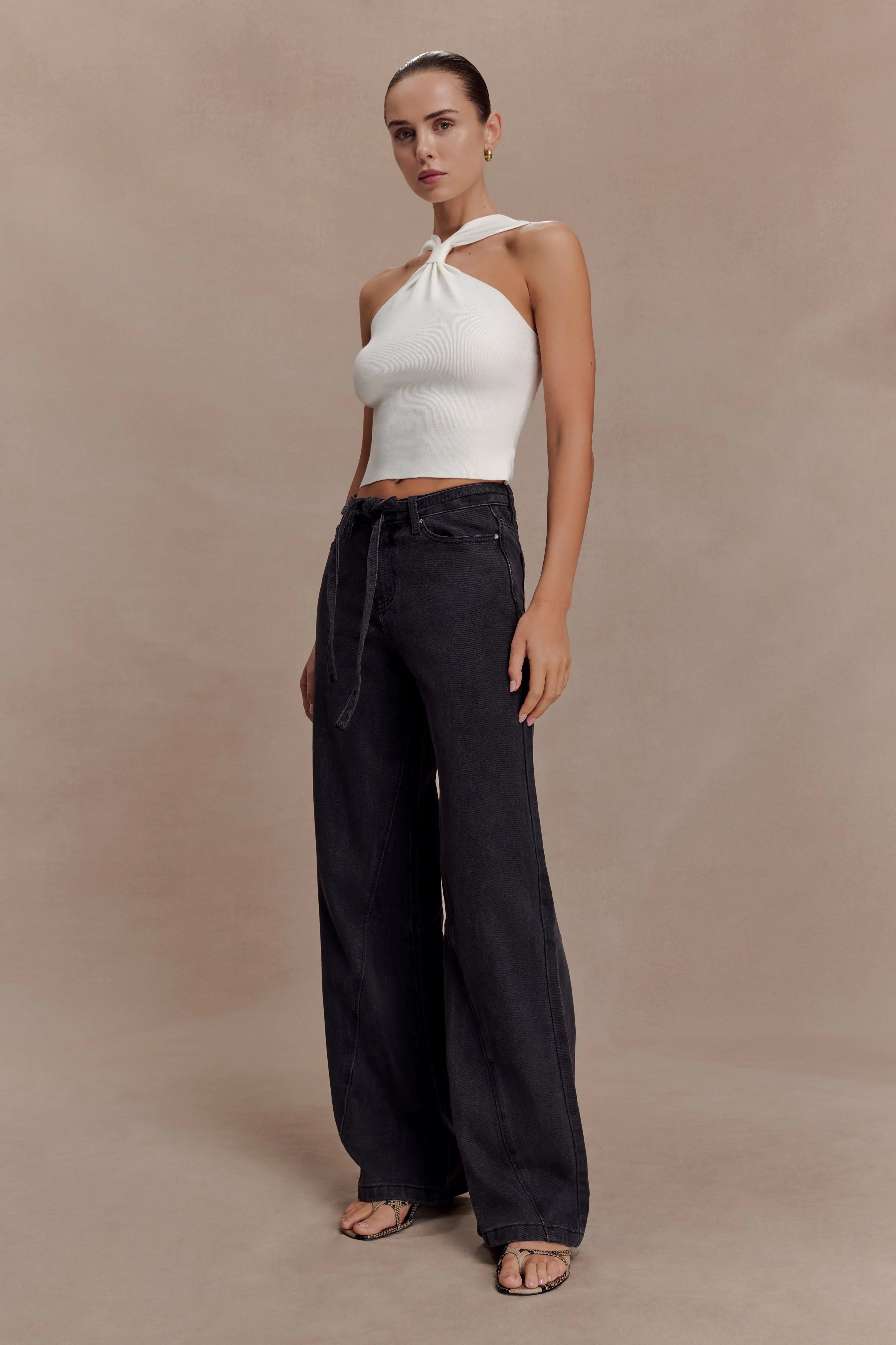 Perrie Mid Rise Straight Leg Tie Jeans Washed Black
