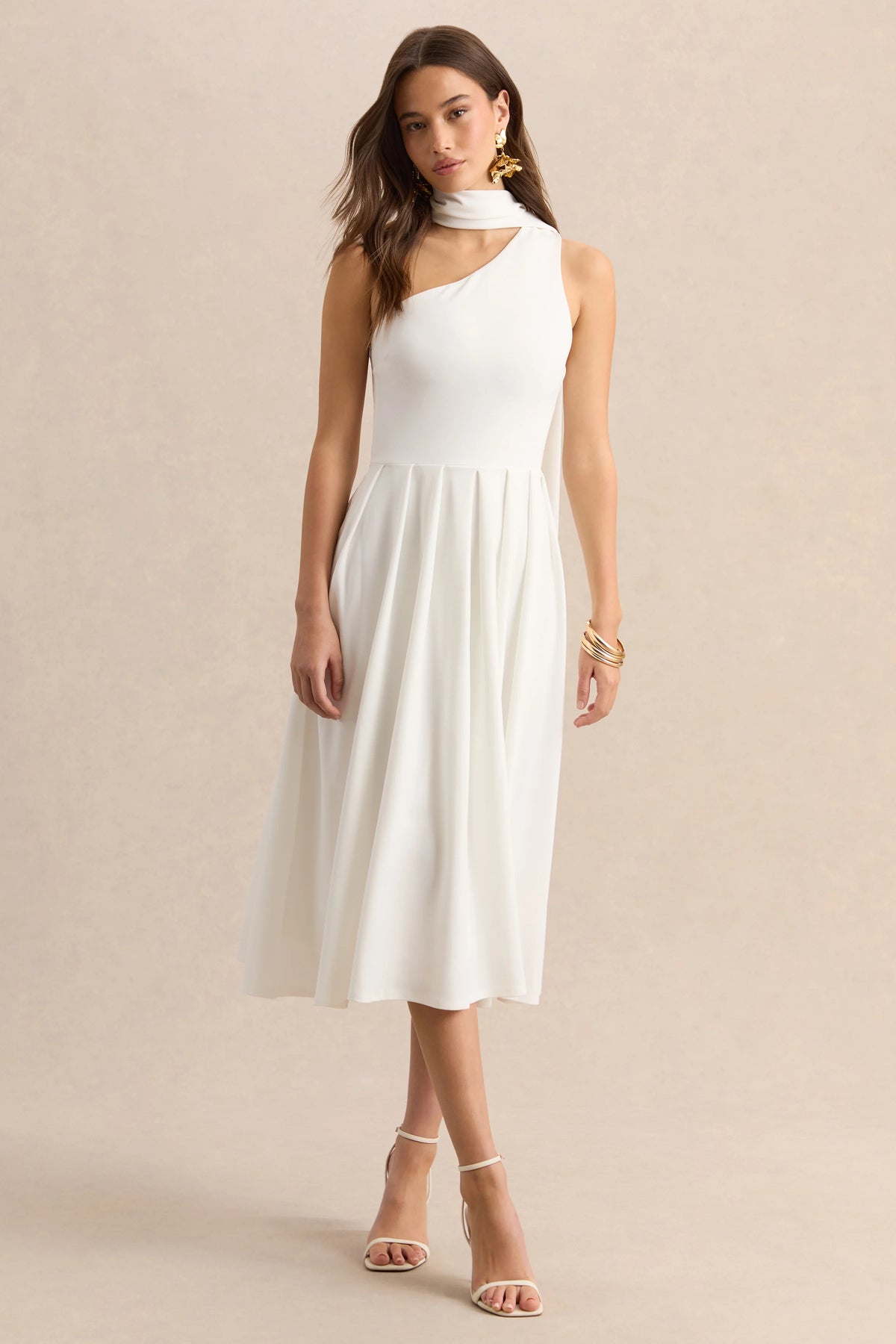 Odette White Asymmetric Neck Midi Dress With Scarf