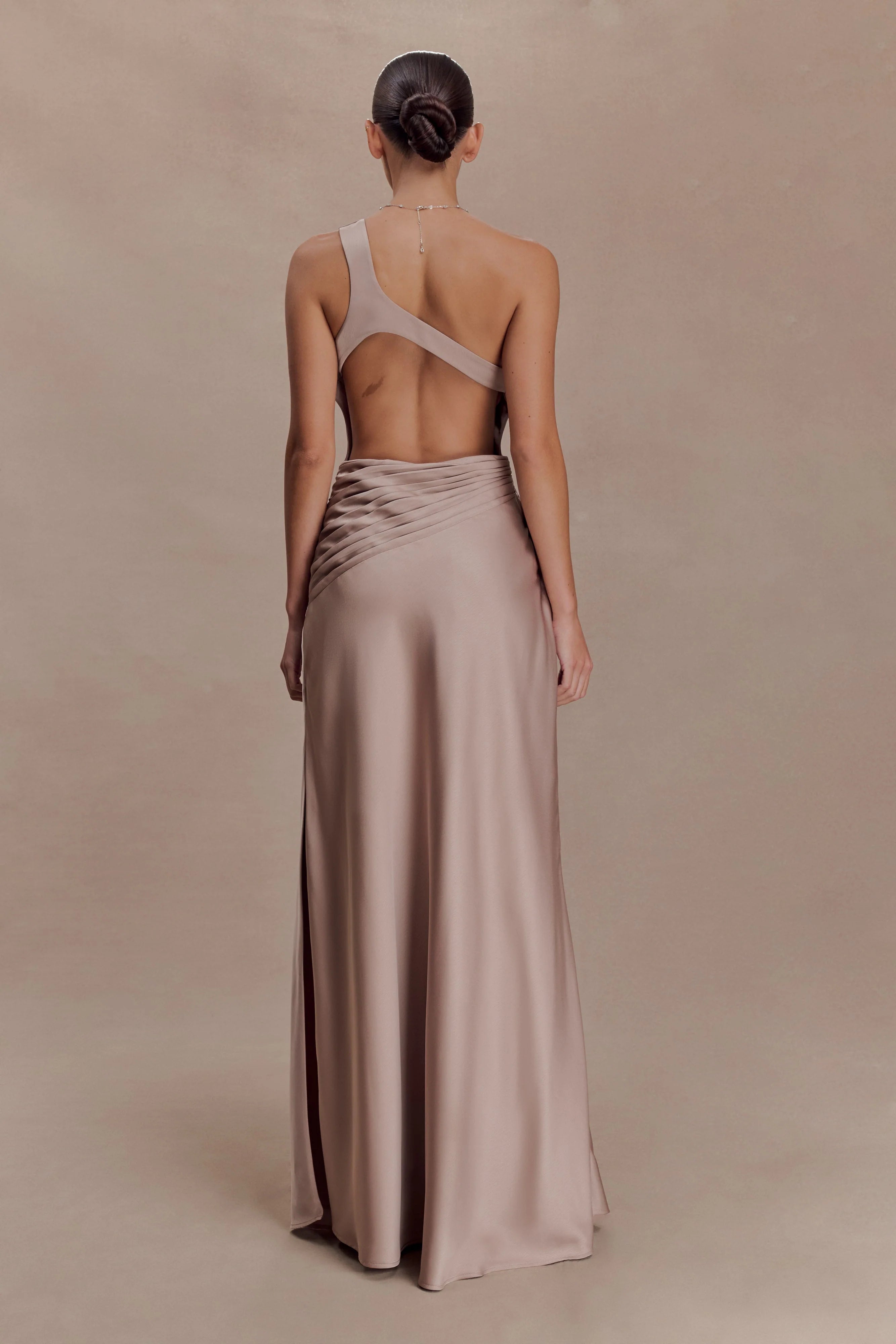 Lyla Asymmetrical Satin Maxi Dress Bronze Taupe