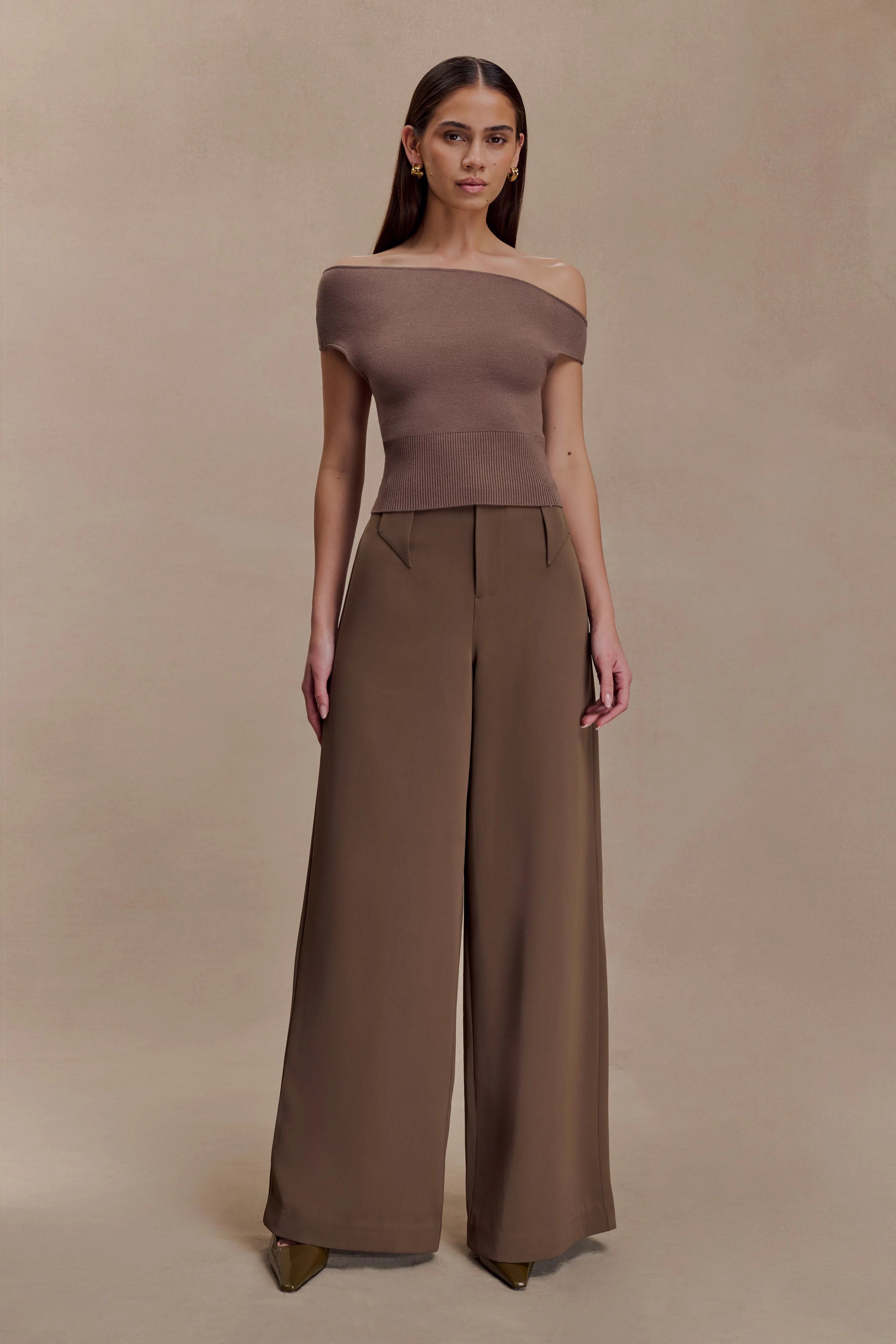 Carley Off Shoulder Knit Top Cacao Brown