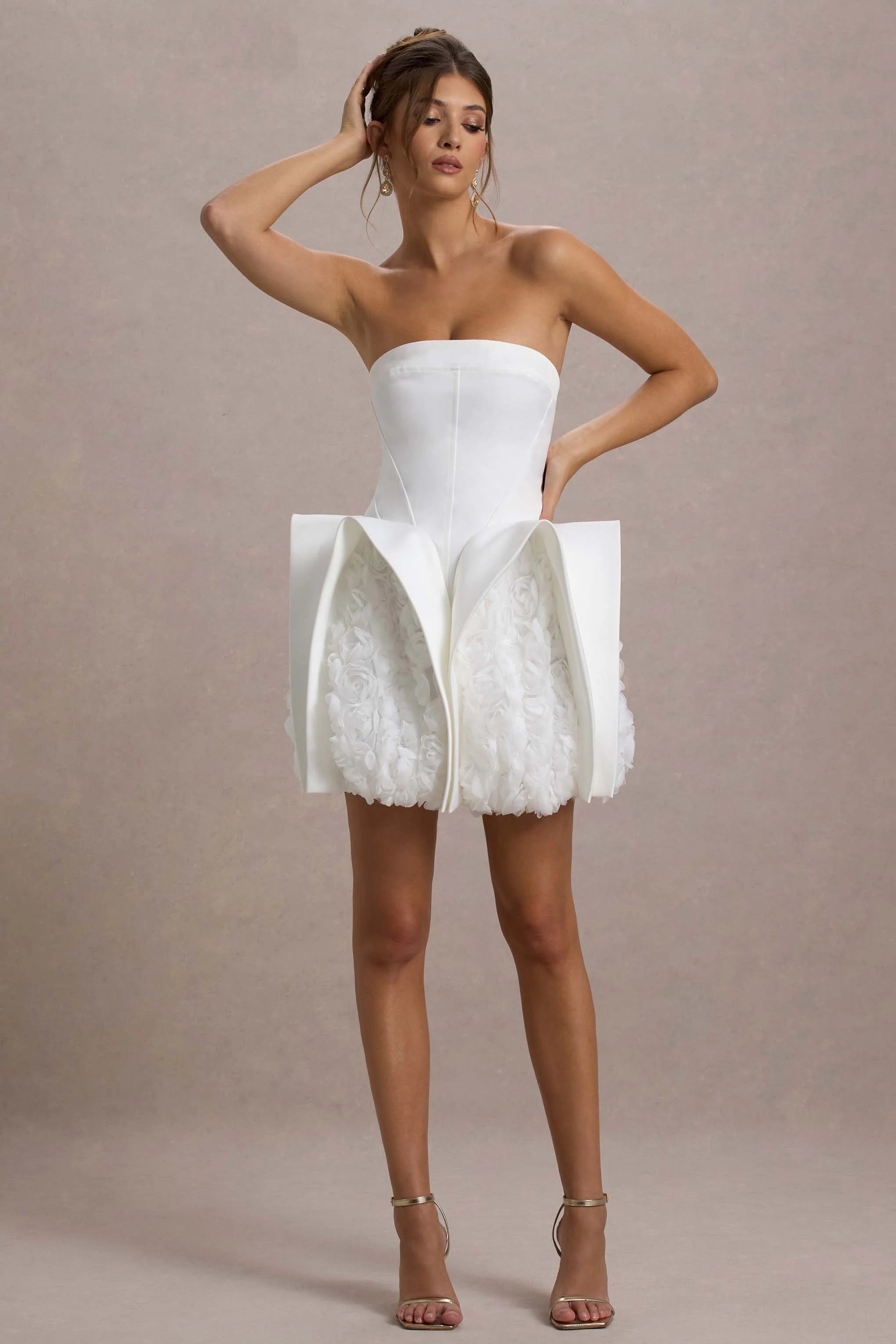 Orchid Oasis White Bandeau Mini Dress With Puff Floral Hem