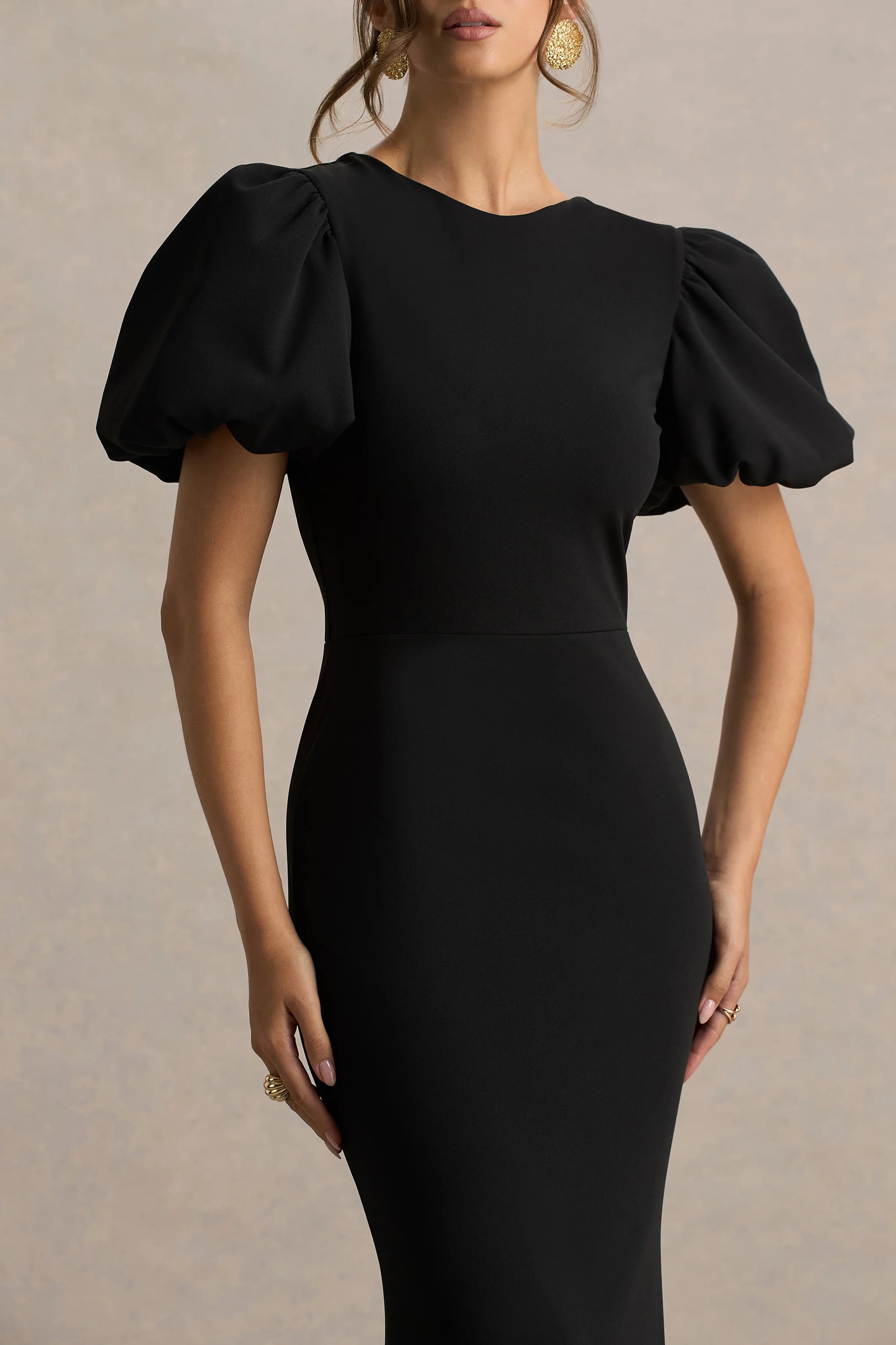 Carolina Black Puff Sleeve Maxi Dress With White Bow Detail