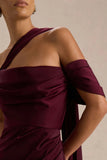 Yazmin Burgundy Satin Asymmetric Maxi Dress With One Sleeve Cape