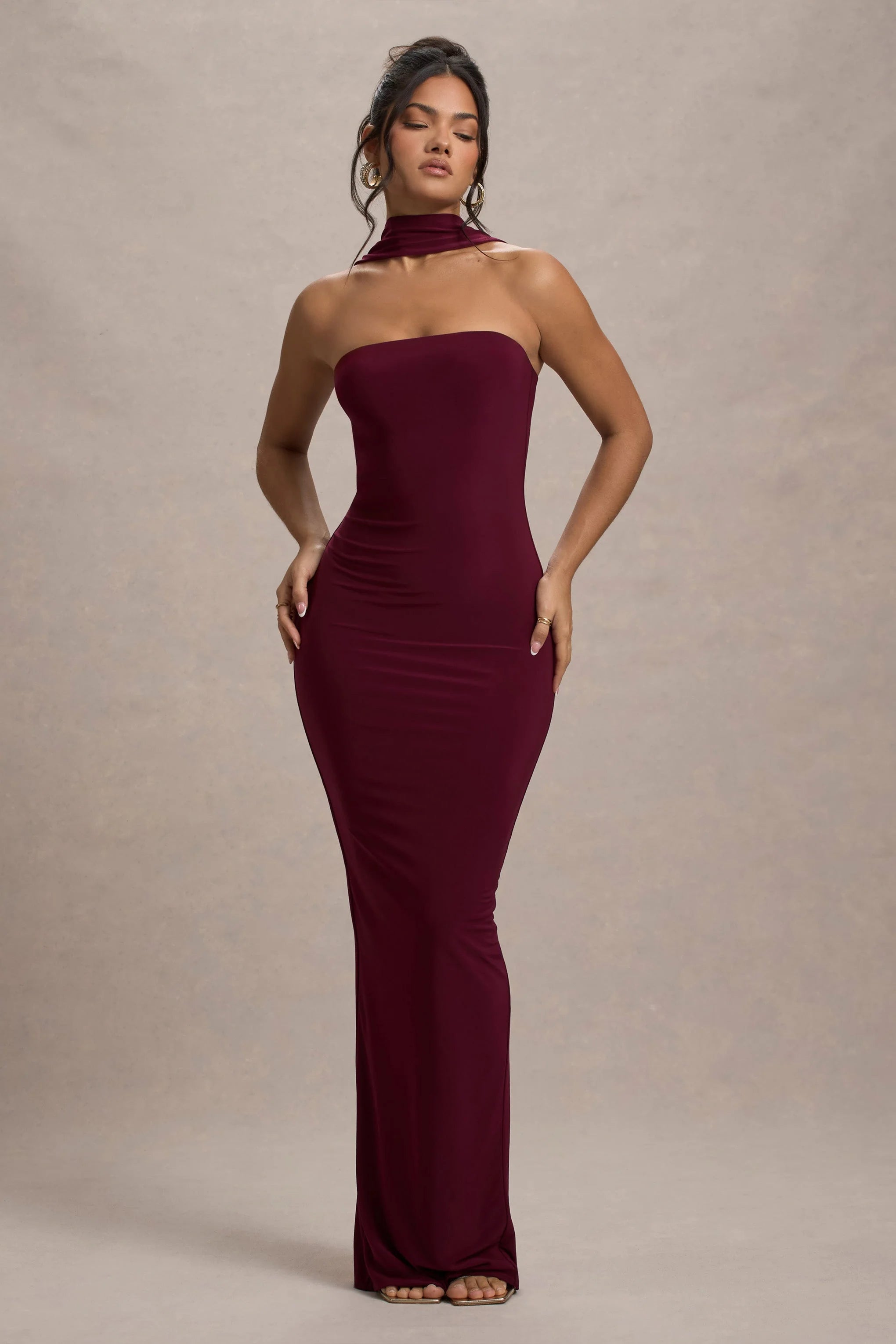 Nobu Burgundy Bandeau Maxi Dress With Halter Collar