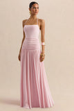 Nicolette Pink Square Neck Maxi Dress With Ruched Detailing