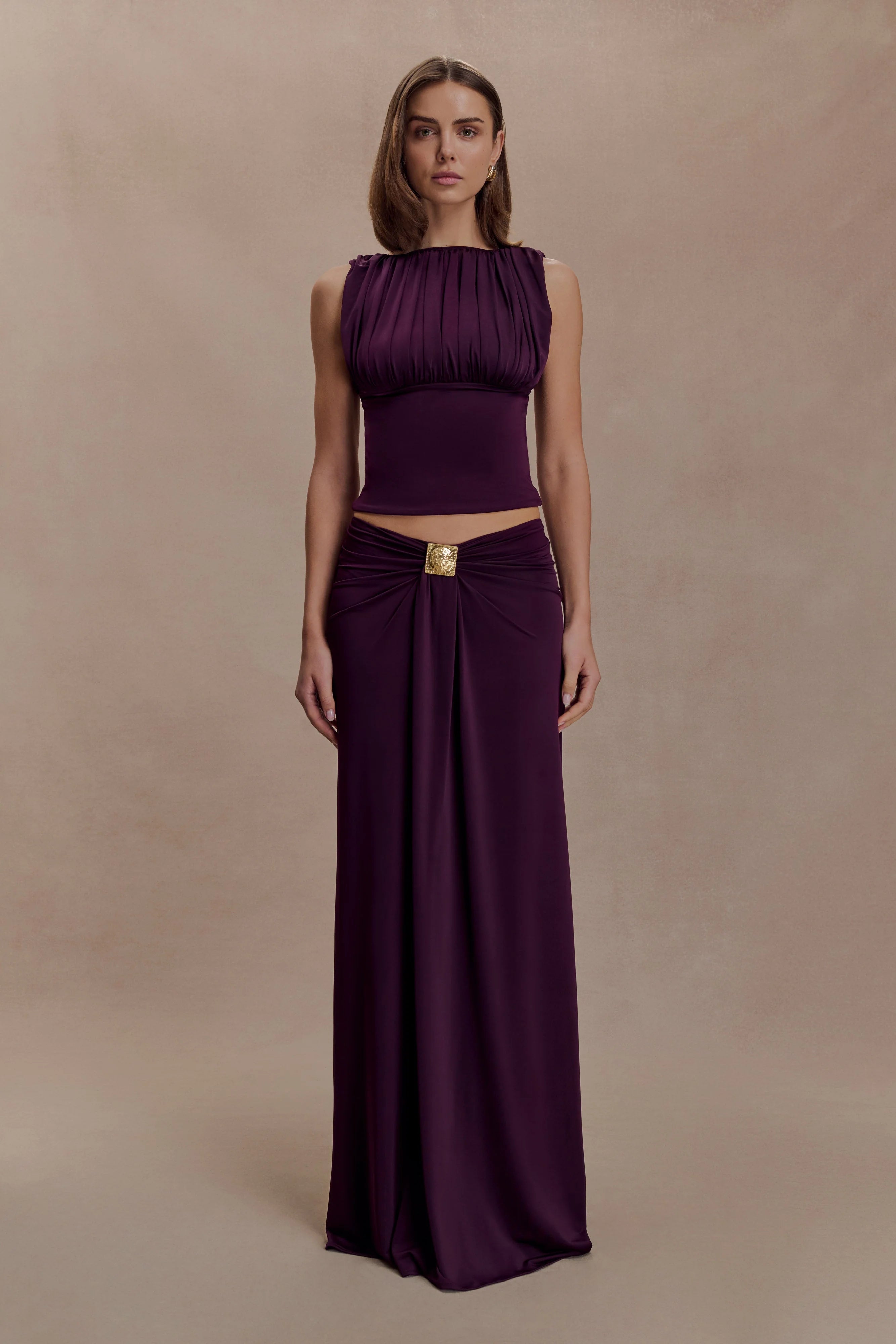 Erina Slinky Ruched Maxi Skirt With Hardware Aubergine