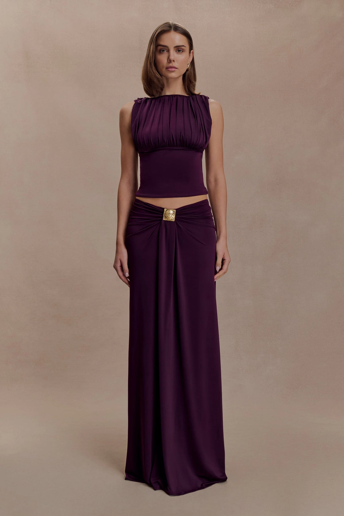 Erina Slinky Ruched Maxi Skirt With Hardware Aubergine