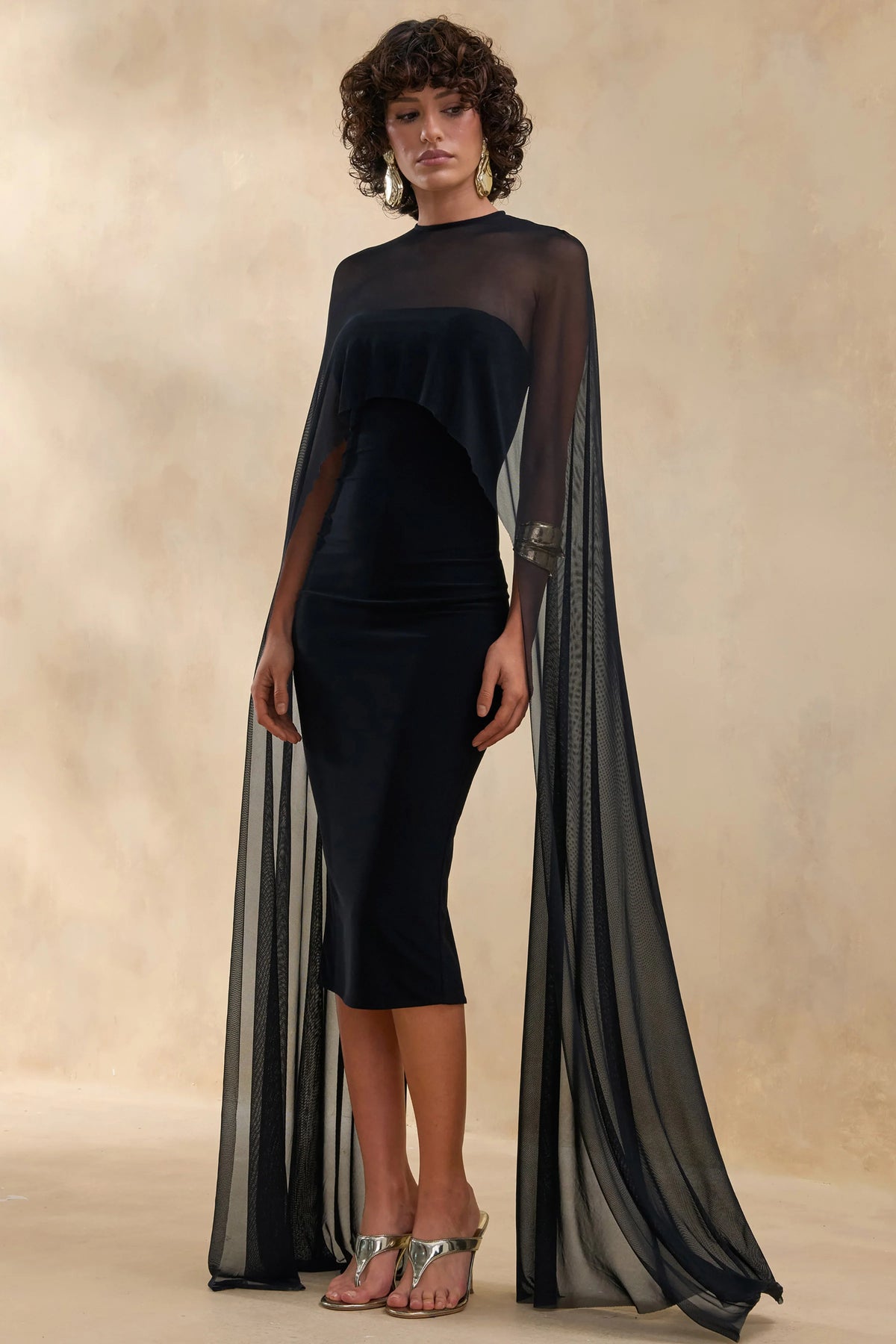 Filippa Black Crew Neck Midi Dress With Sheer Cape Sleeves