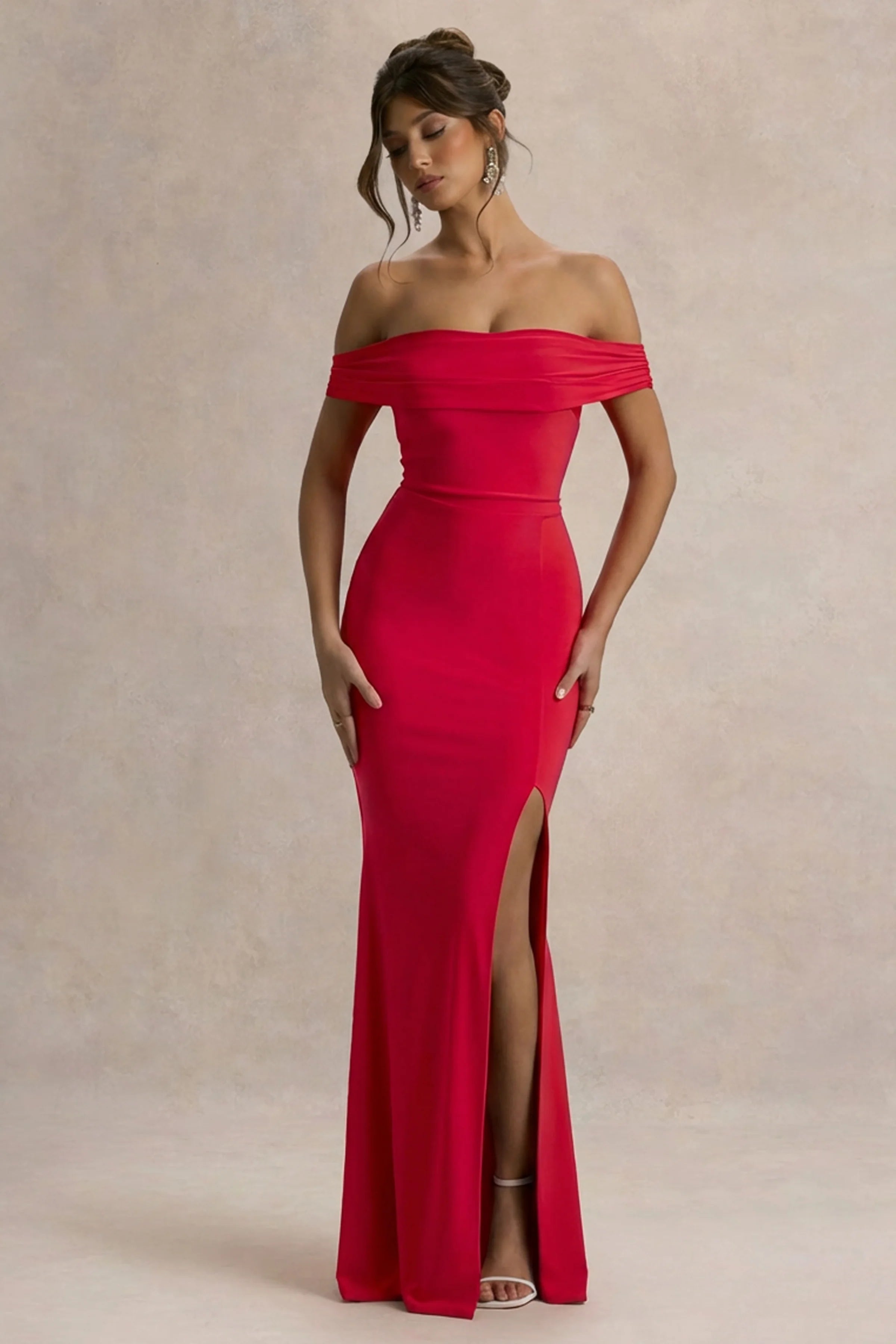 Law of Attraction Red Bardot Draped Split Maxi Dress