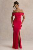 Law of Attraction Red Bardot Draped Split Maxi Dress