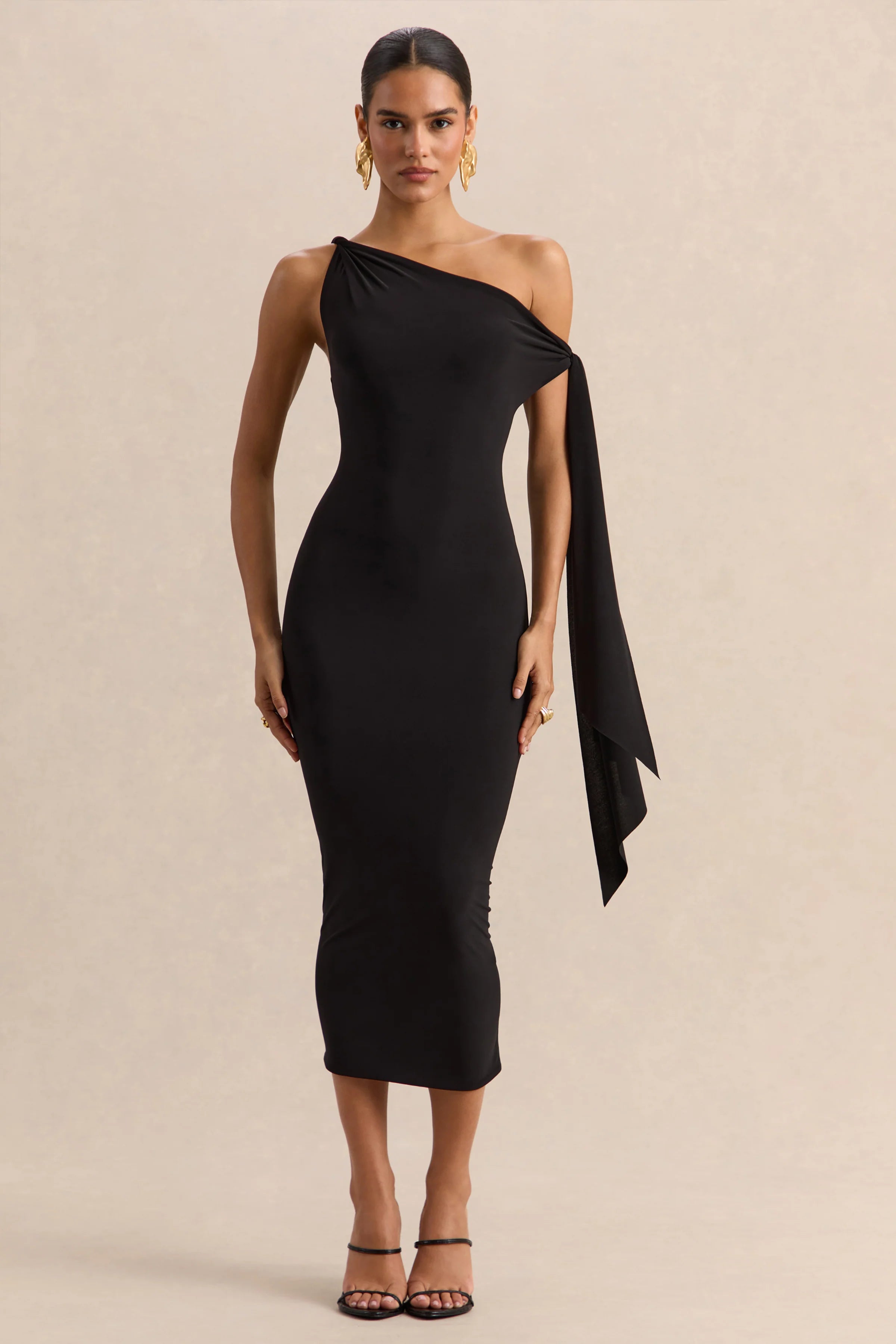 Arcelia Black Asymmetric Neck Midi Dress With Knot Sleeve Detail