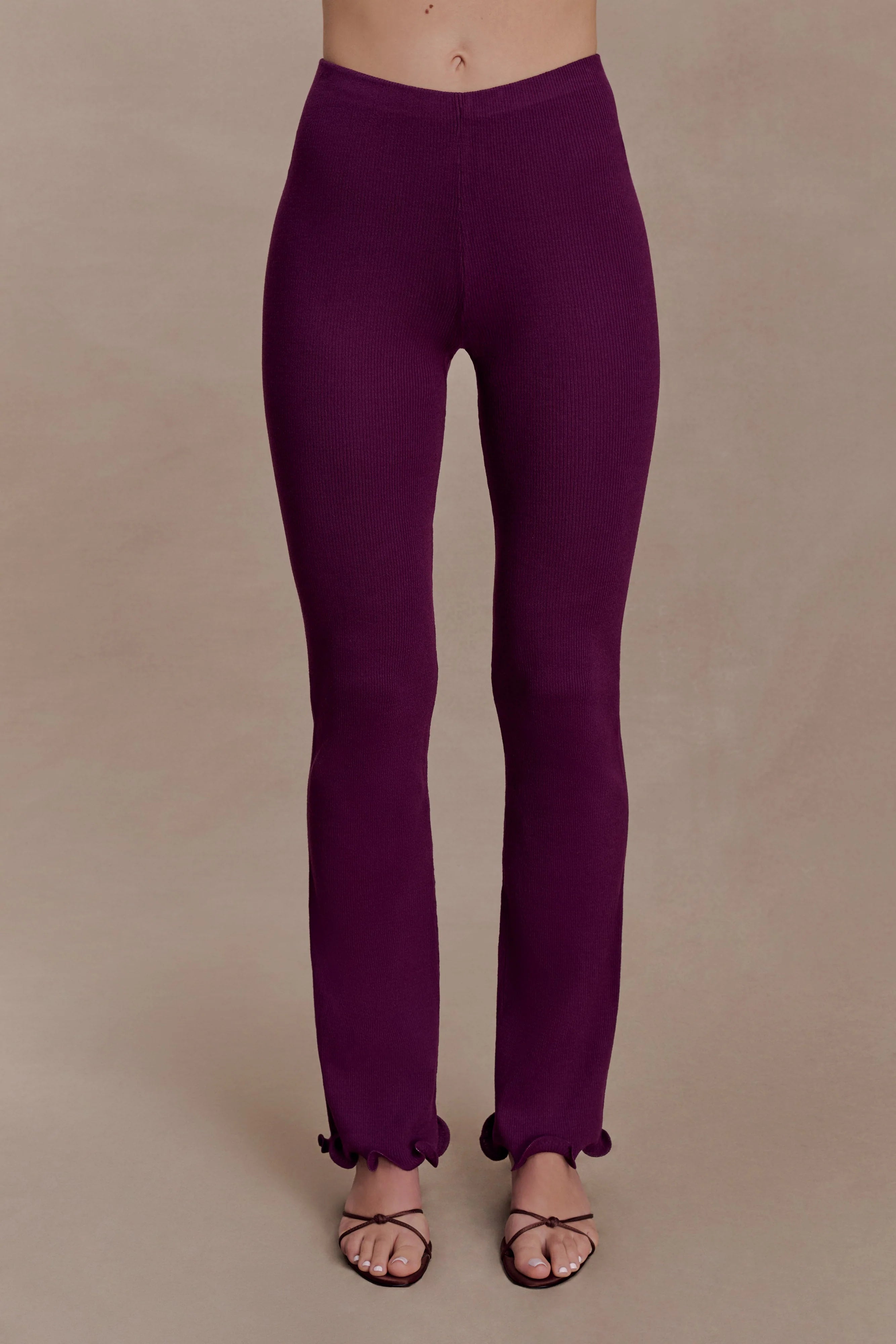 Diya Ribbed High Waisted Pants With Wire Hem Plum
