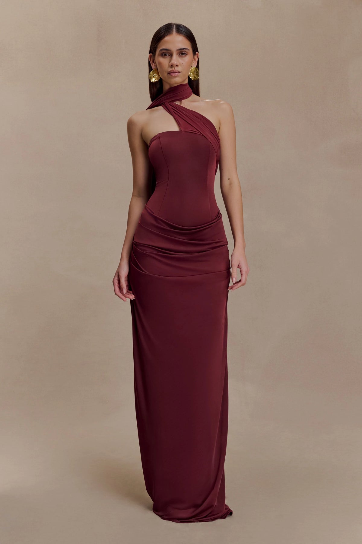 Mattea Slinky And Mesh Maxi Dress With Scarf Burgundy