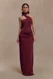 Mattea Slinky And Mesh Maxi Dress With Scarf Burgundy