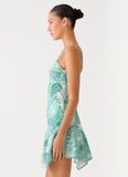 Marine Mist Asymmetric Hem Mini Dress Green Paisley