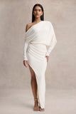 Olivia Cream Asymmetric Neck Maxi Dress With Ruched Detailing Asymmetric Hem