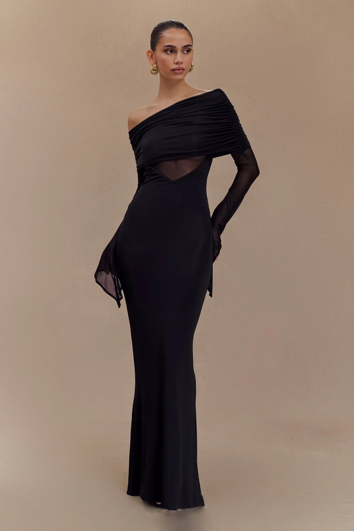 Kaitlin One Shoulder Slinky And Mesh Maxi Dress Black