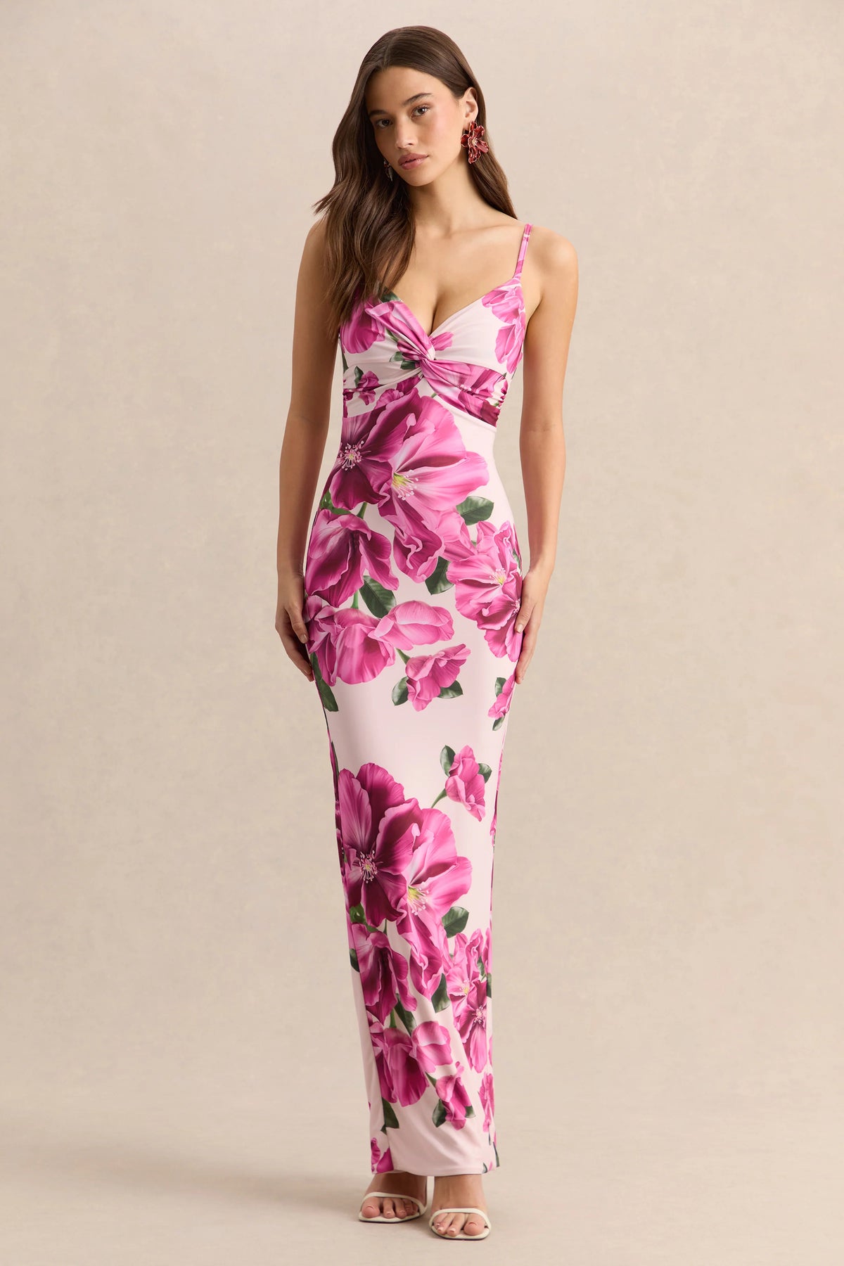 Luz Pink Hibiscus Floral Print Strappy Maxi Dress