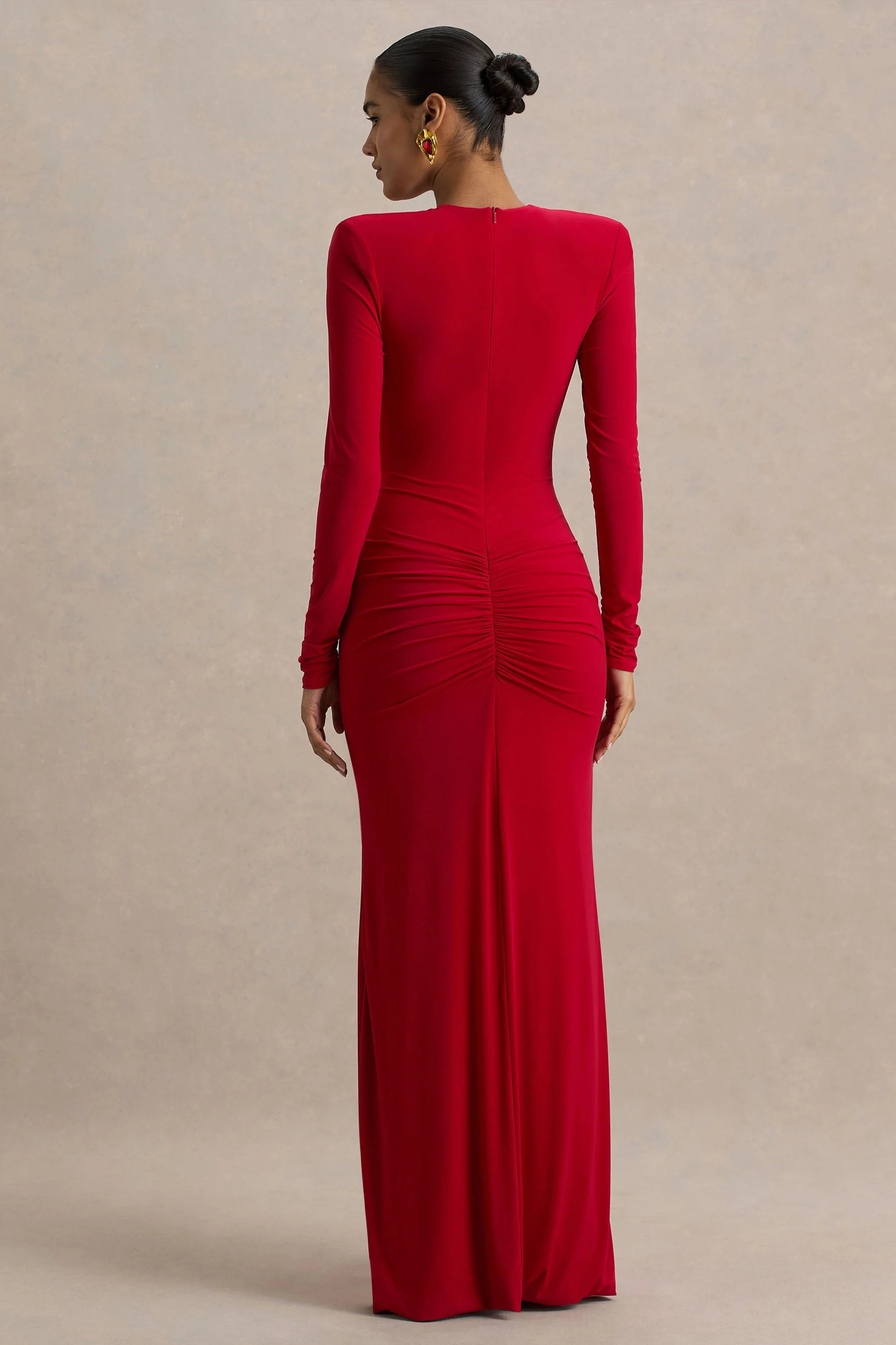 Jewel Red Plunge Neck Maxi Dress With Front Split and Ruched Detailing