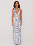 Sky Linen Maxi Dress Floral Wave