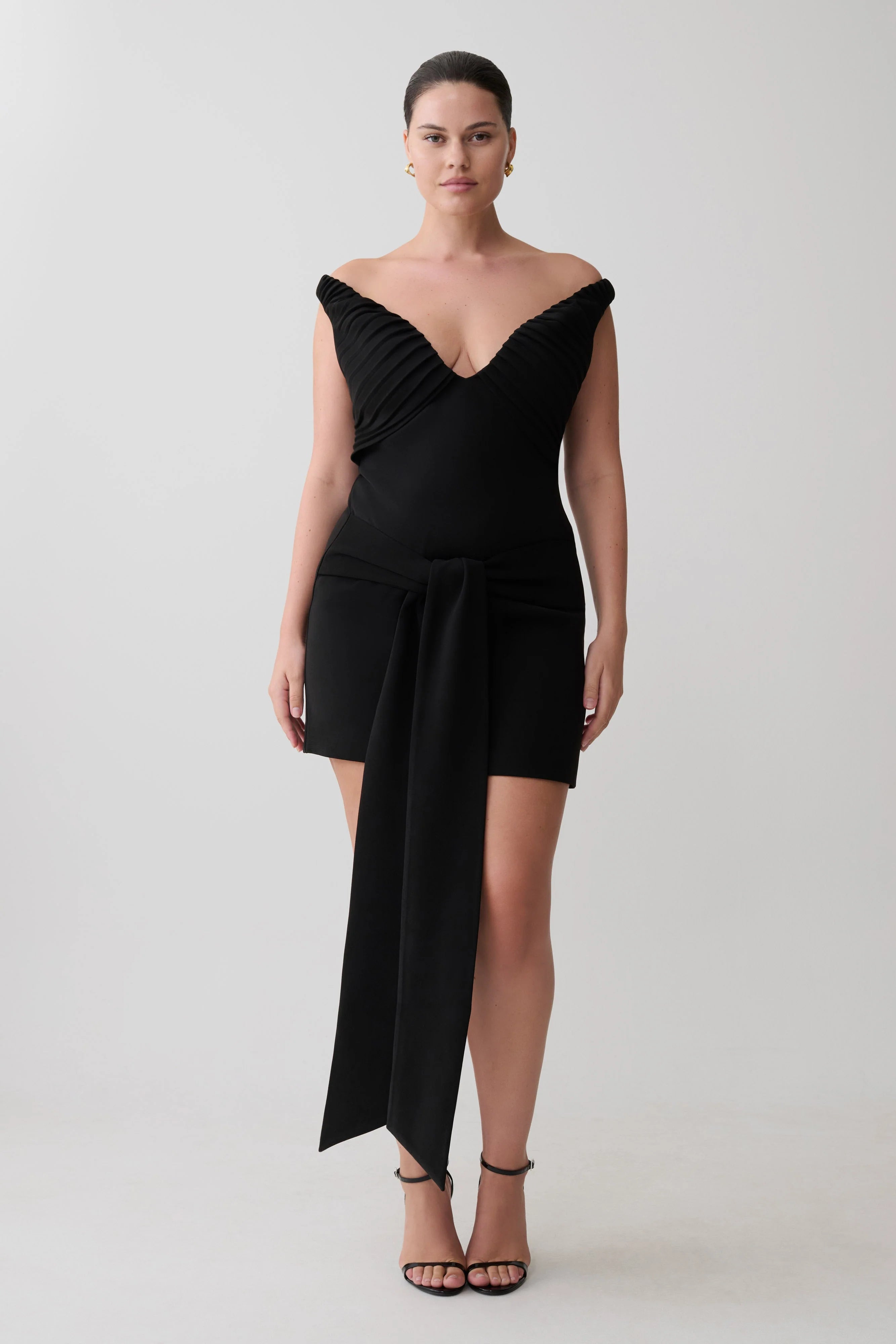 Runa Off Shoulder Mini Dress With Waist Tie Black