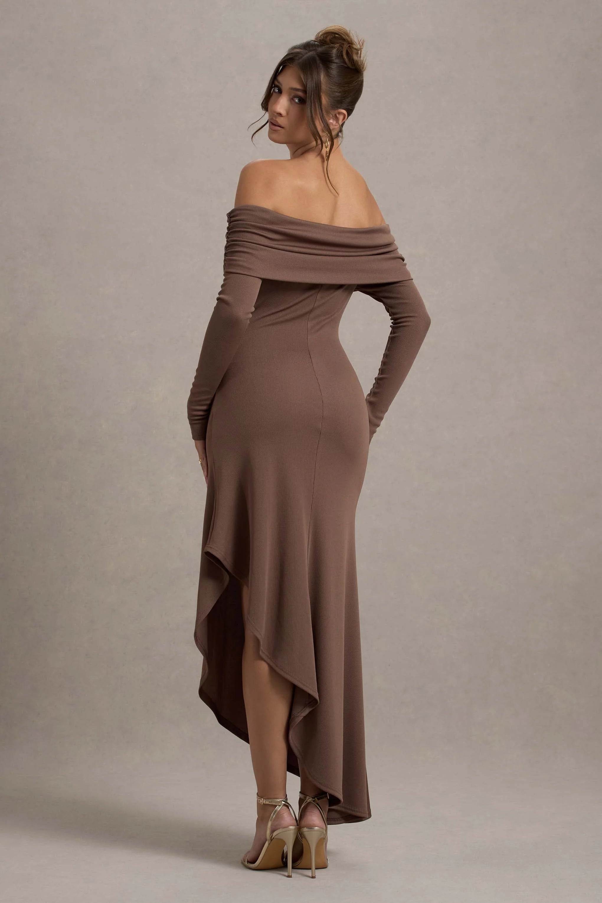 Romina Mocha Rib Knit Bardot Maxi Dress With Asymmetric Hem