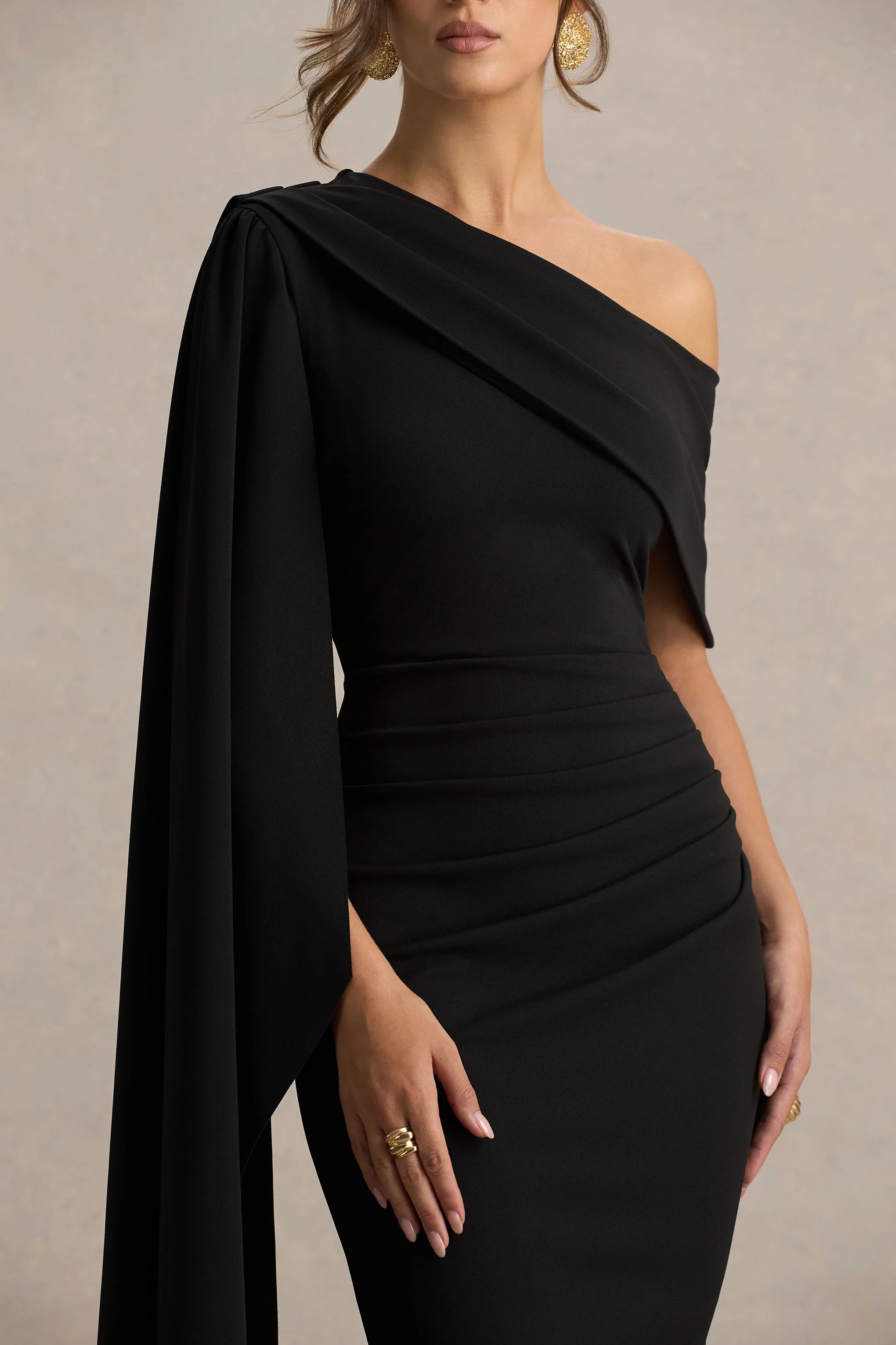 Leah Black Asymmetric Neck Midi Dress With Cape Sleeve
