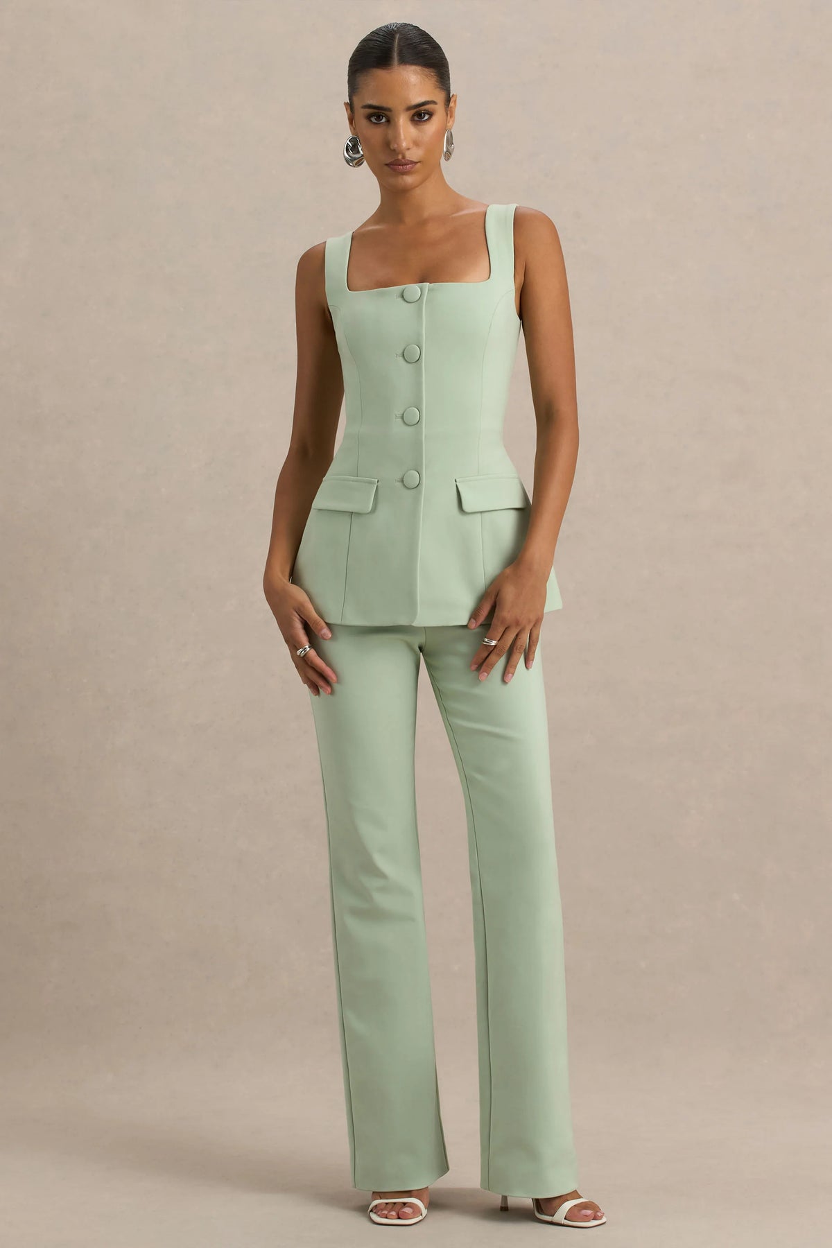 Aceline Light Green Square Neck Tailored Jumpsuit