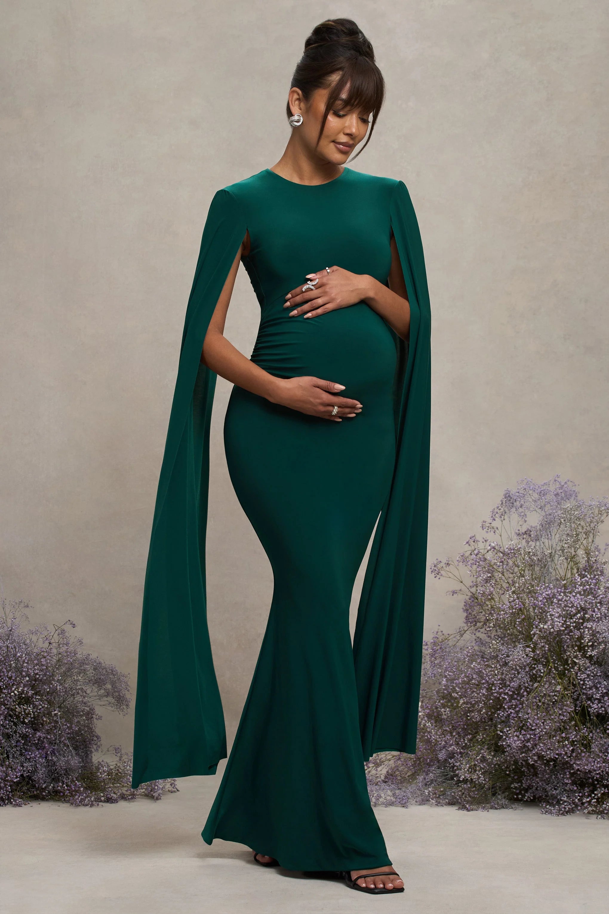 Divine Timing Bottle Green Maternity Maxi Dress With Cape Sleeves