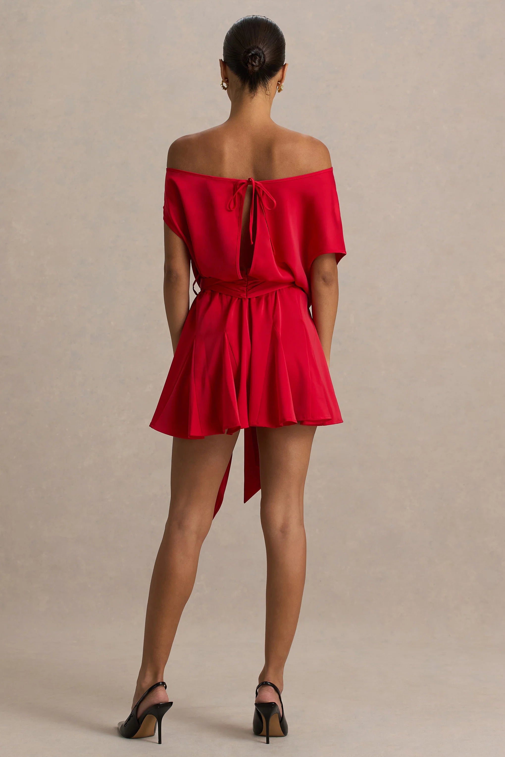 Clydie Red Satin Asymmetric Playsuit With Tie Waist